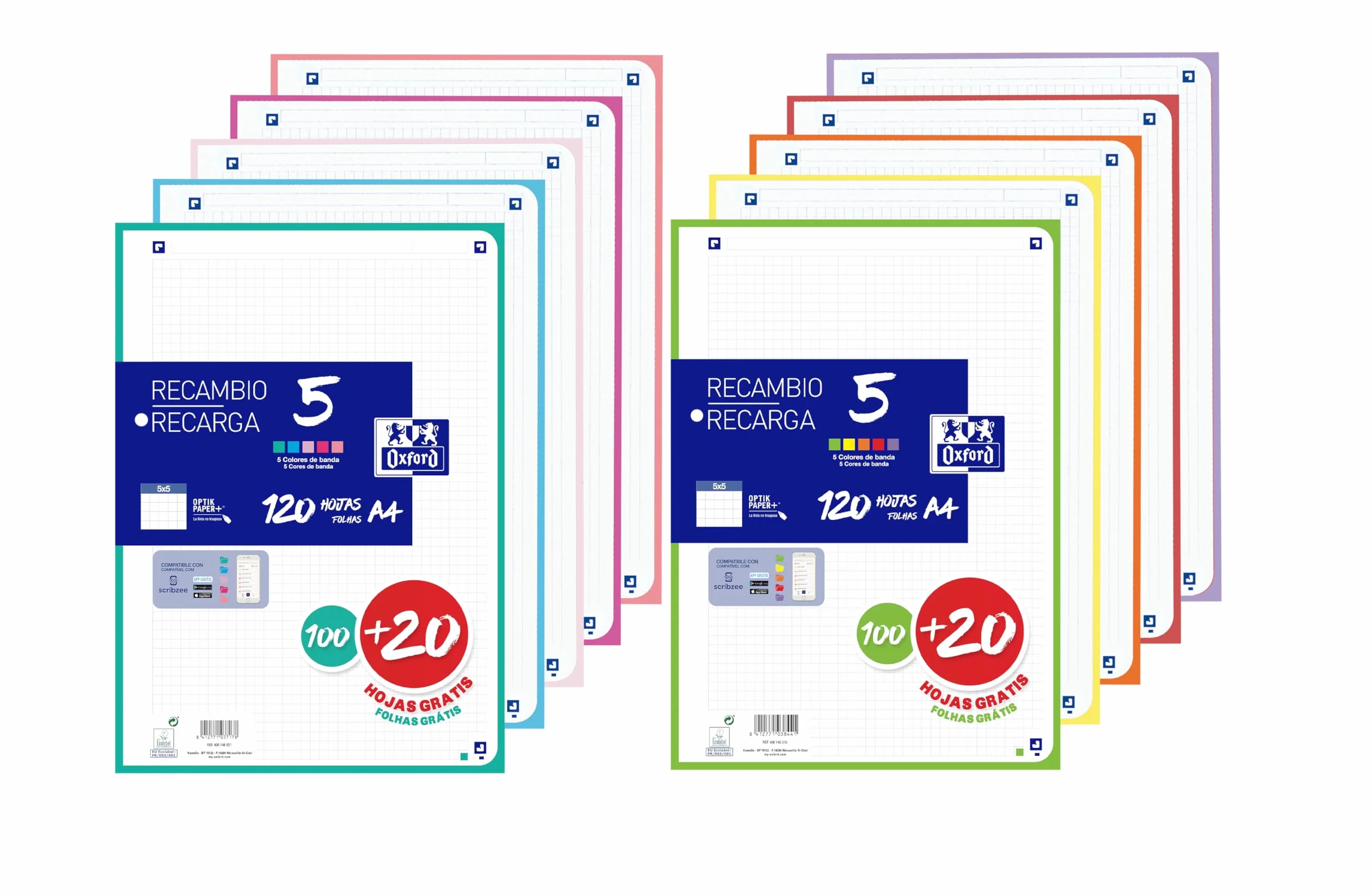 Oxford Feuilles Quadrillées Perforées A4, Lot de 2, 240 Feuilles, Quadrillage 5 x 5