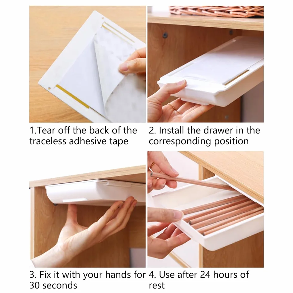 Tiroir Sous le Bureau Autocollant Rangement Blanc 25.5×20×4.2cm