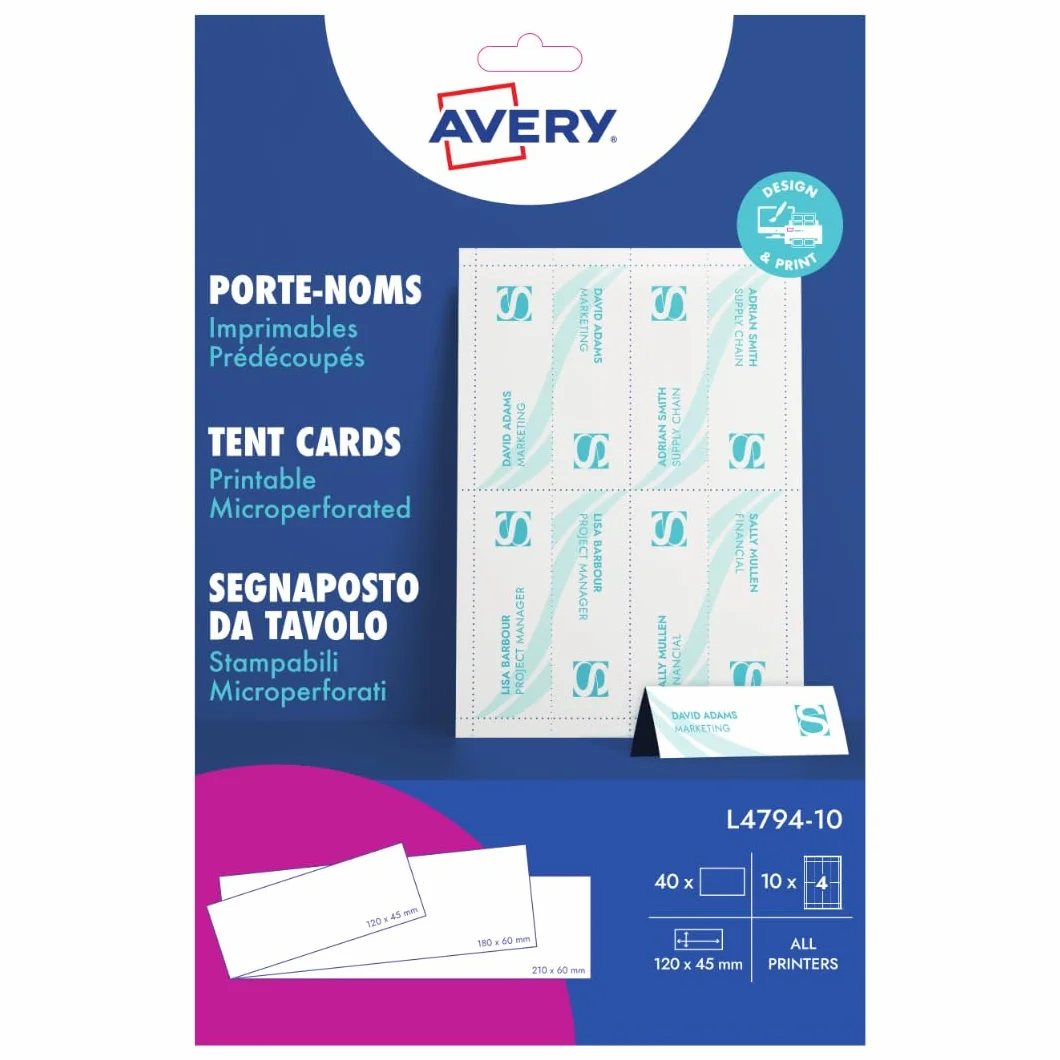 Avery 40 porte-noms imprimables micro-perforés 120 x 45 mm cartes de table personnalisables