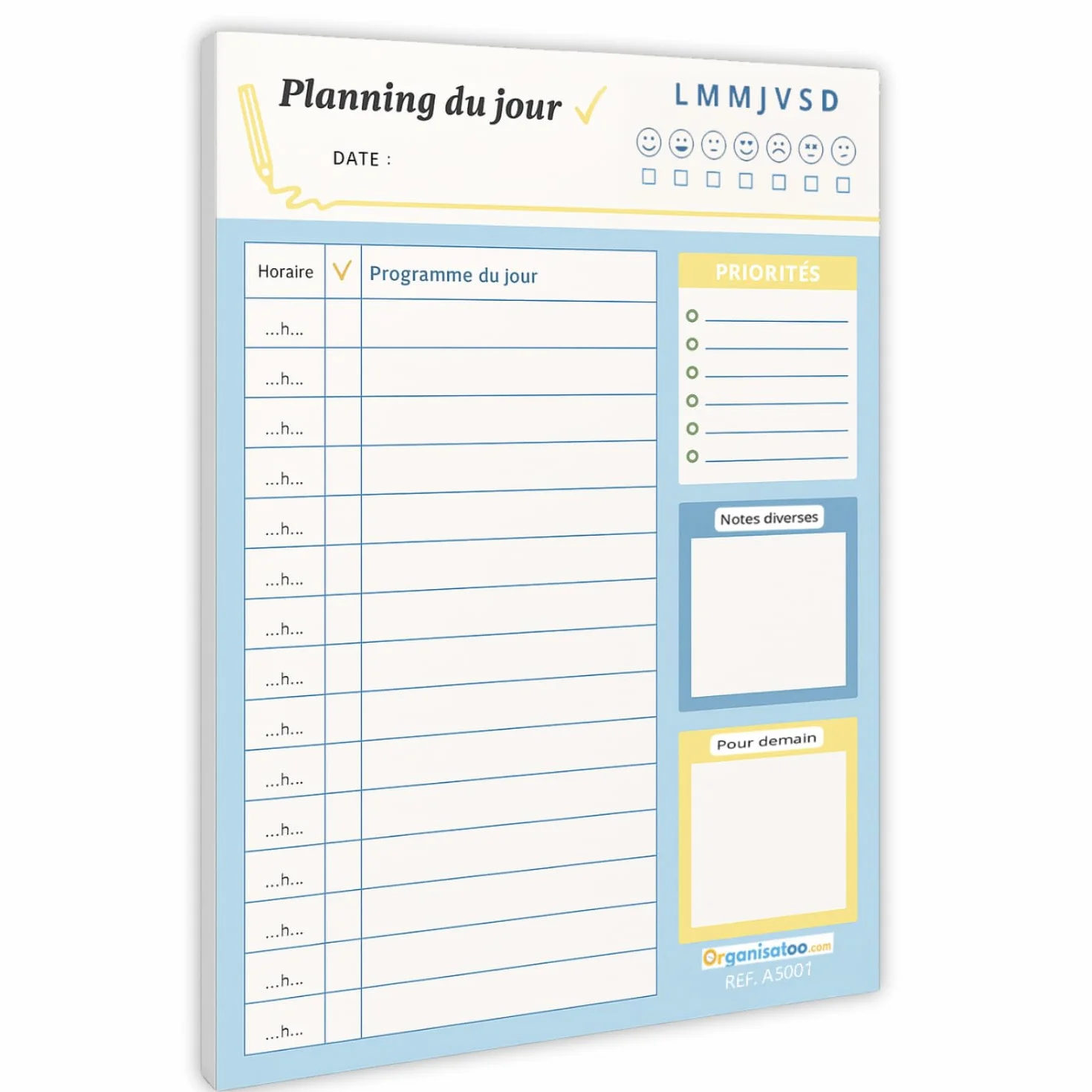 Bloc planning du jour français 50 pages - Planificateur journalier A5 papier activités tâches