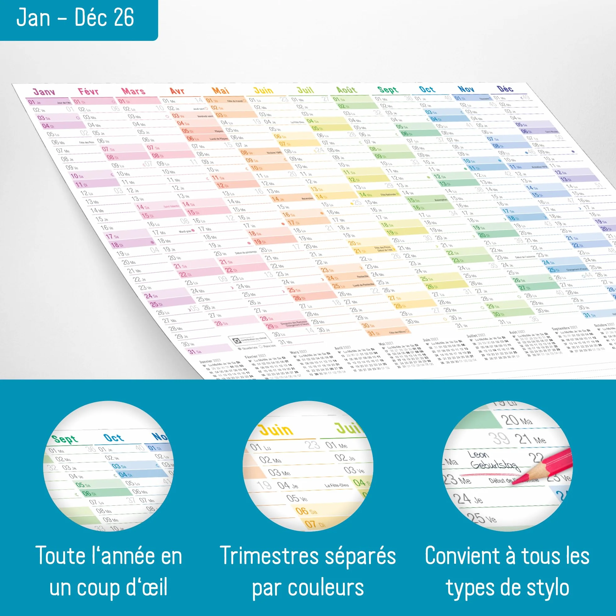 Häfft® Calendrier mural 2026 A3 français Rainbow 42 x 29,7 cm plié avec jours fériés