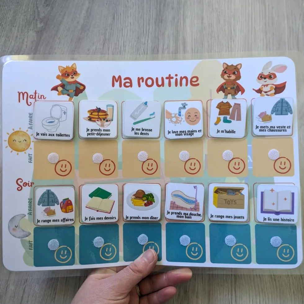 Tableau routine enfant Super-héros – Planning matin et soir – Calendrier tâches rituels – 30 étiquettes