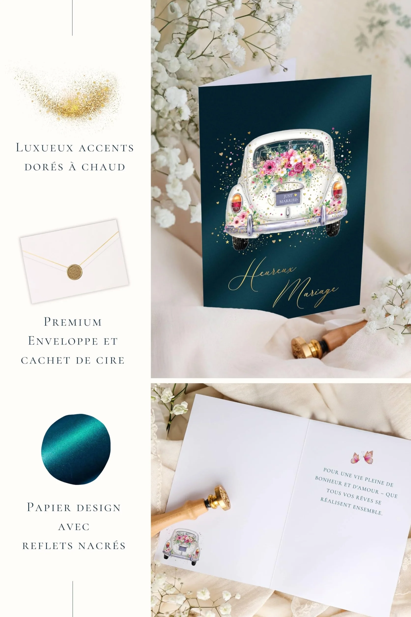 Joli Coon Papeterie Carte de mariage STARDUST – Carte de voeux mariage avec enveloppe en papier premium et cachet de cire - 17 x 11,5 cm