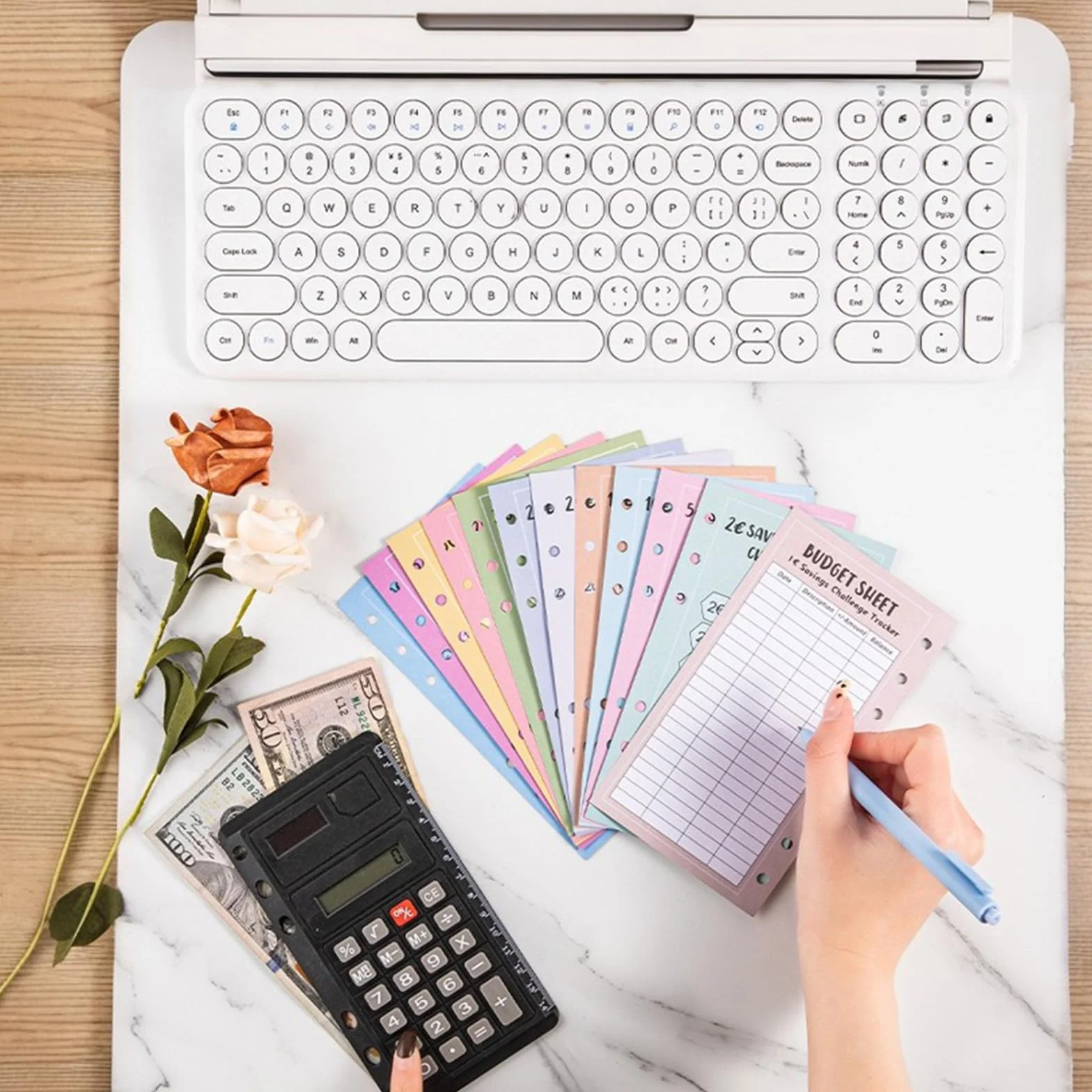 Lot de 48 Feuilles de Budget A6, Classeur Budget Set de Défi, Suivi de Budget 6 Trous Tracker