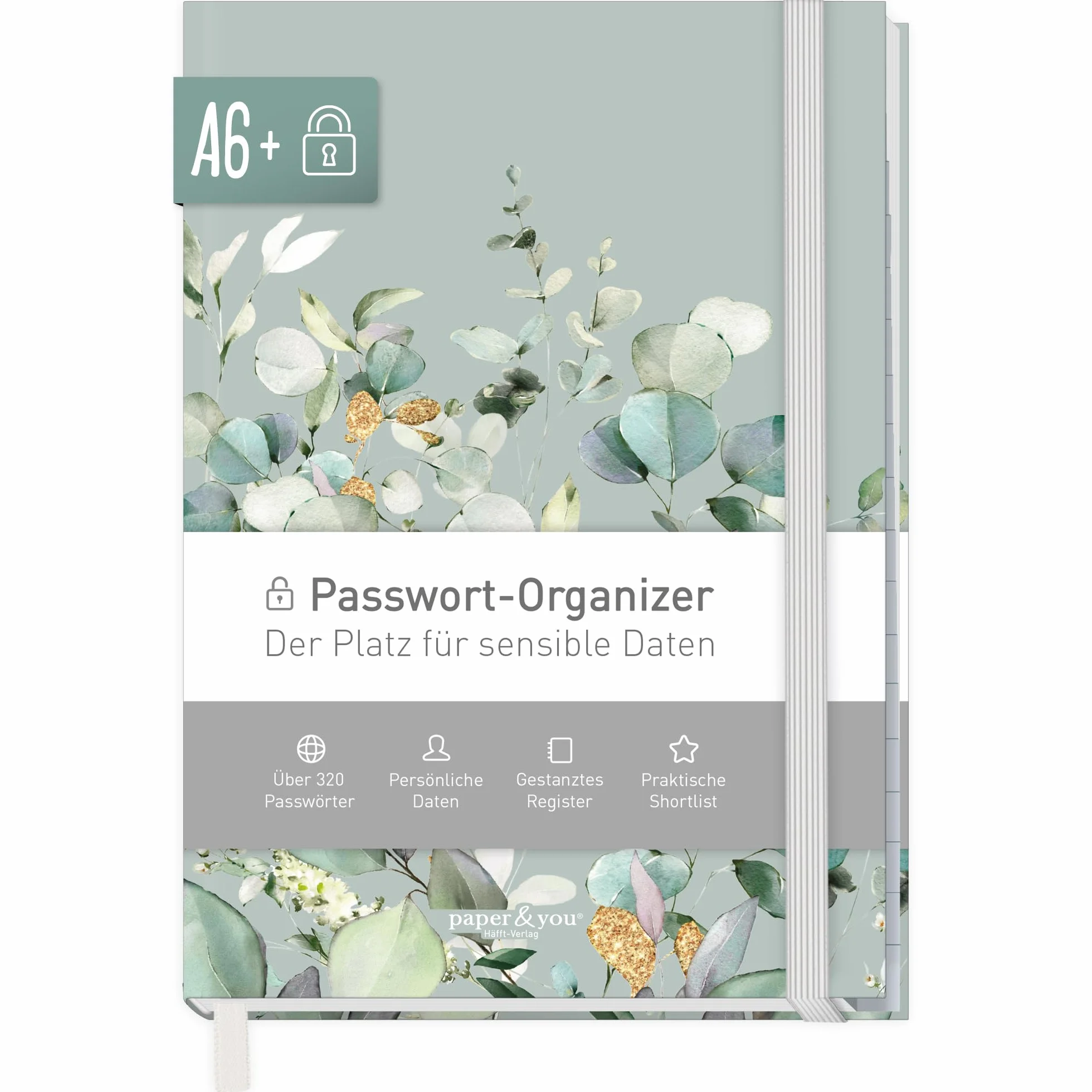 paper&you Livre de mots de passe A6+ onglet A-Z Minty Leaves 320 données gestionnaire petit durable