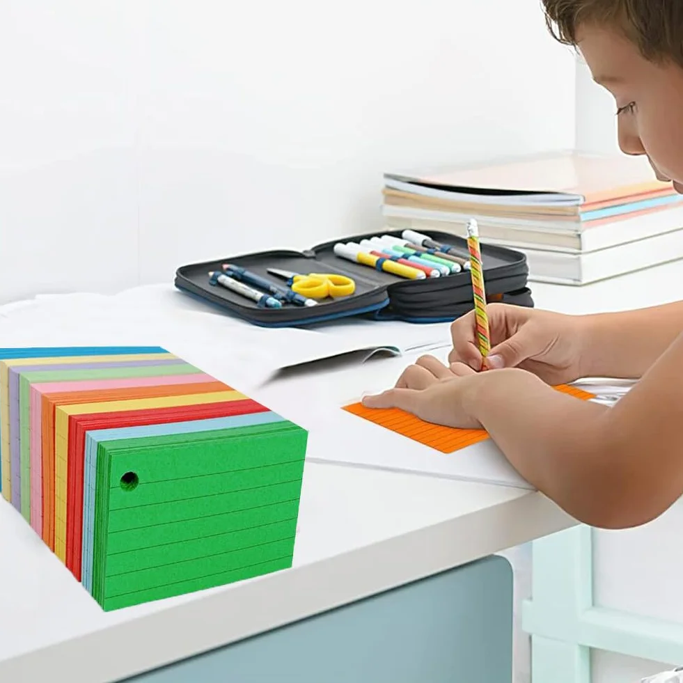 1000 Flash Cards A8 Fiche de Revision Papier Lignées 150g/m² 10 Anneaux Reliure 10 Couleurs