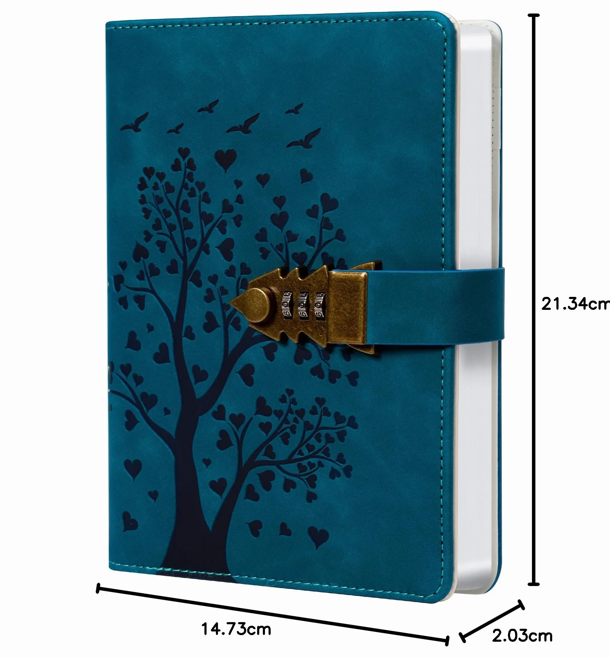 Carnet cuir PU A5 244 pages serrure combinaison motif arbre cœur bleu paon