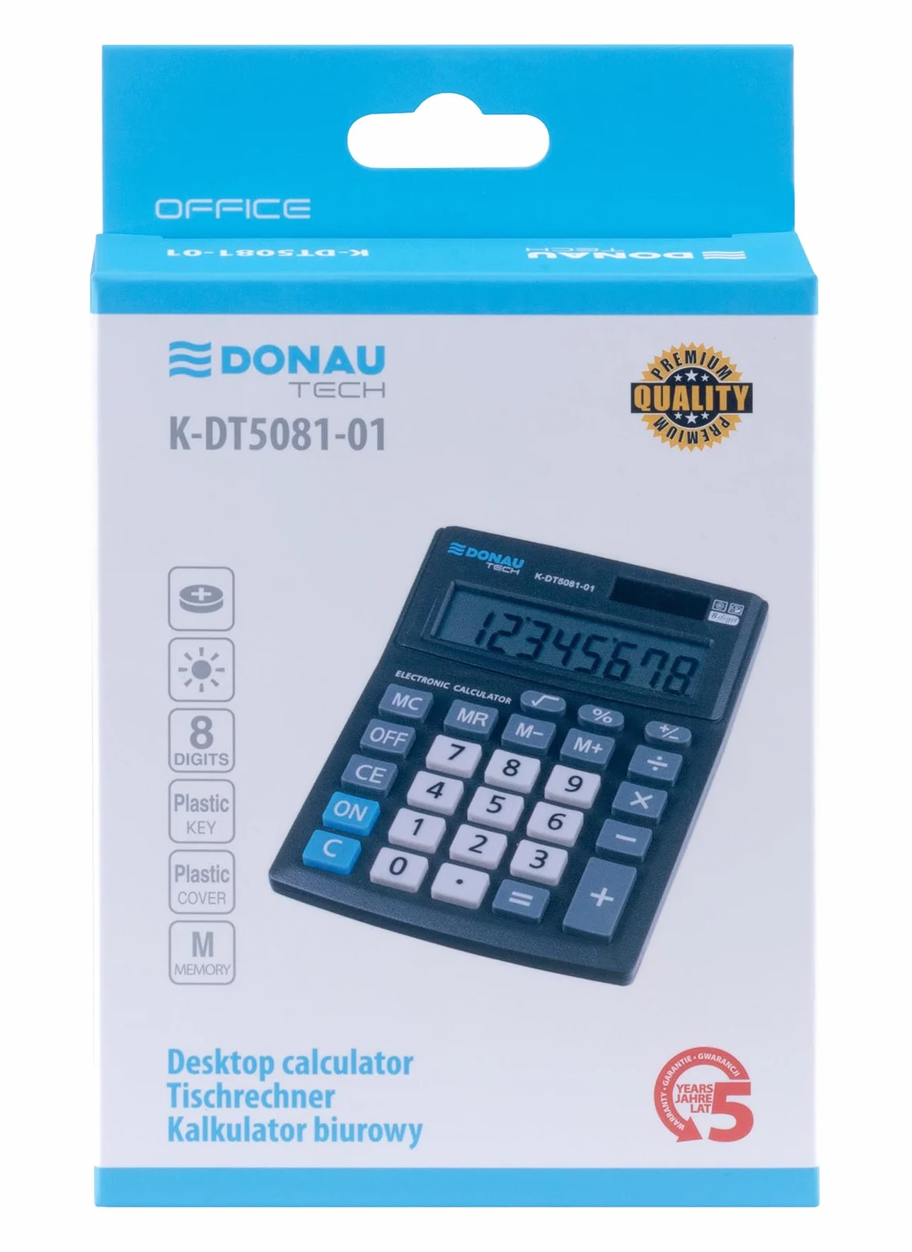 Calculatrice de Bureau Donau Tech K-DT5081-01 8 Chiffres Double Alimentation Solaire Noir 137x101x30 mm