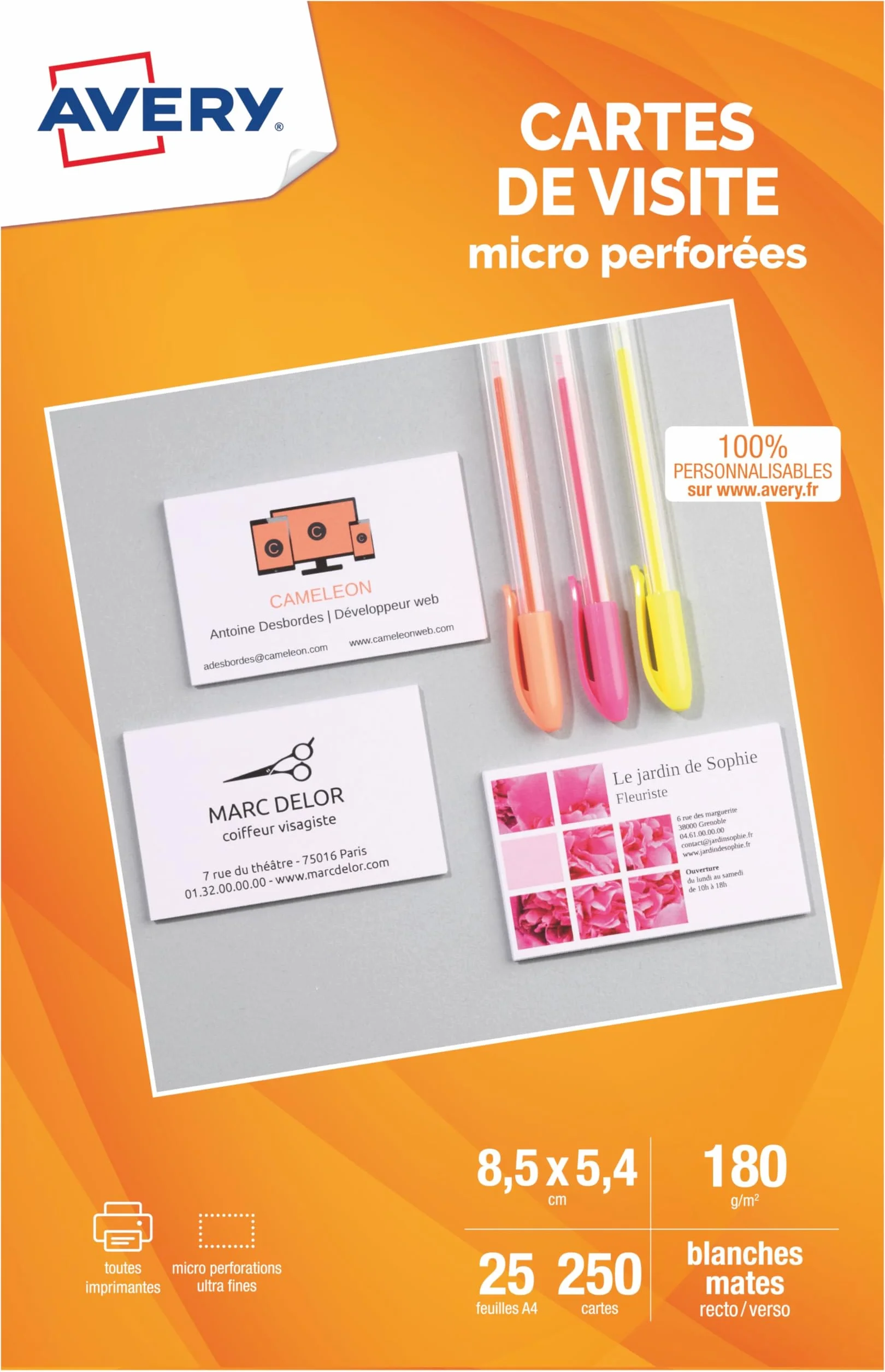 AVERY Pochette 250 cartes de visite micro-perforées 185g/m² 85 x 54 mm imprimables jet d'encre