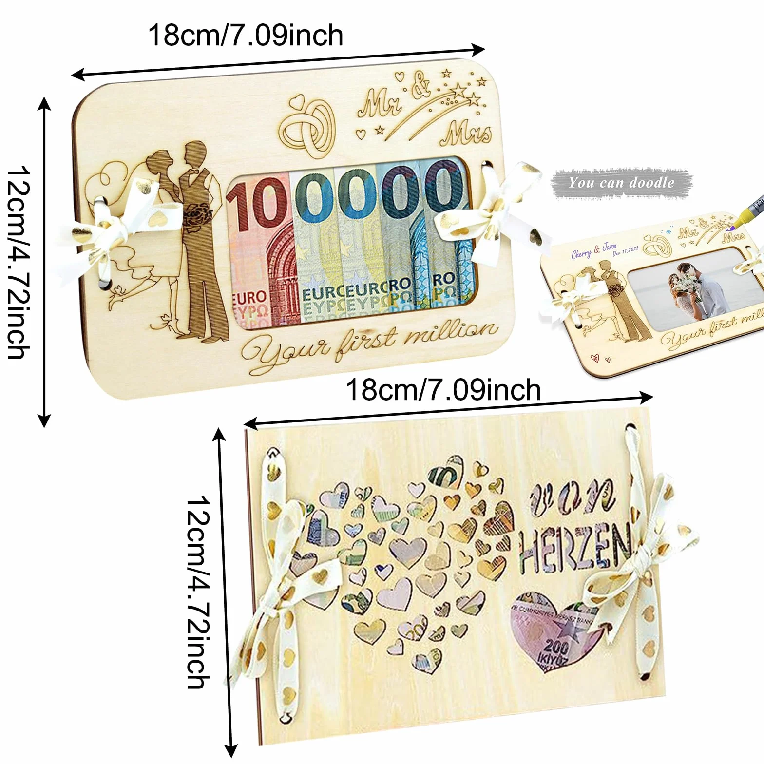 Carte Mariage Félicitation en Bois, Cadre Photo d'Argent, Cadeau Mariage pour Couple