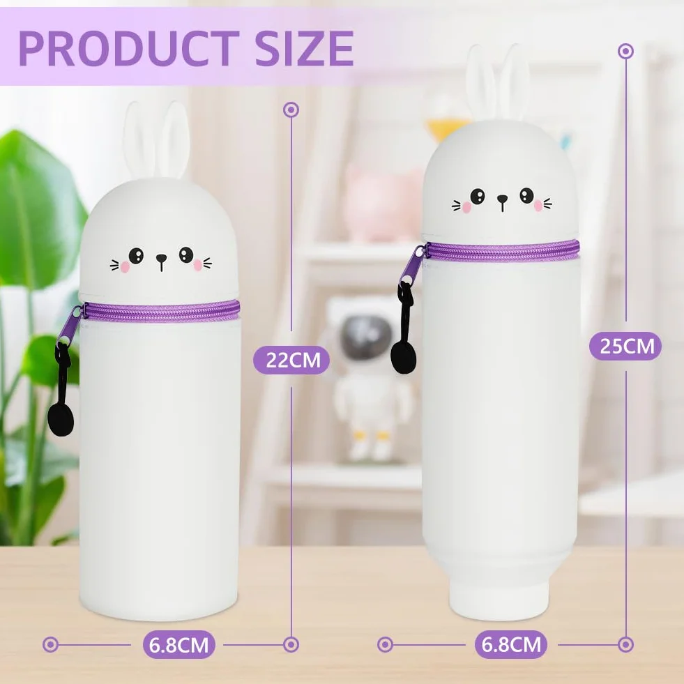 Trousse Ecole Télescopique Silicone Kawaii avec Fermeture Eclair Lapin Blanc 25x6.8cm