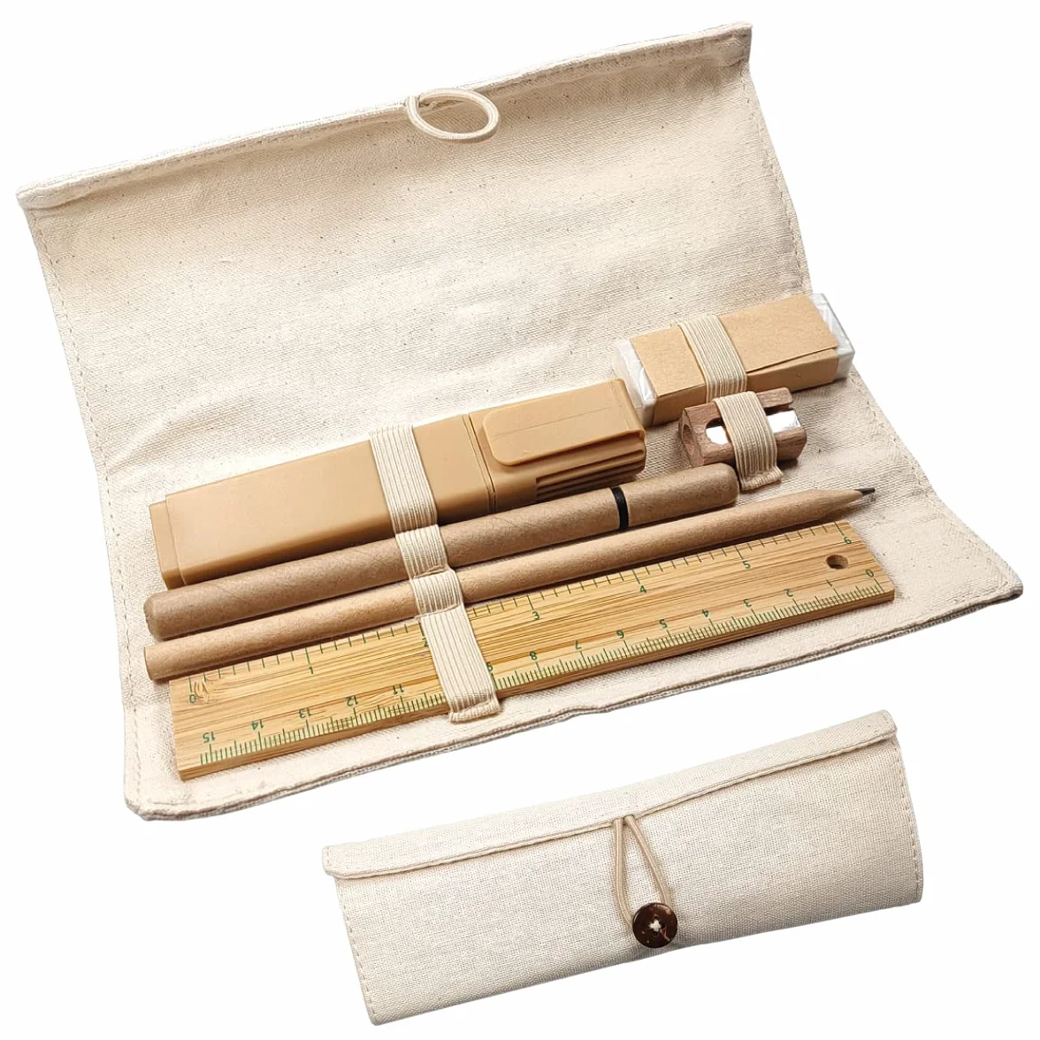 Set Écriture ECO Kit Étiquette Lin Carton Bambou Étui Enroulable Effacement Règle Crayon Stylo Temperamatite Caoutchouc Marqueur