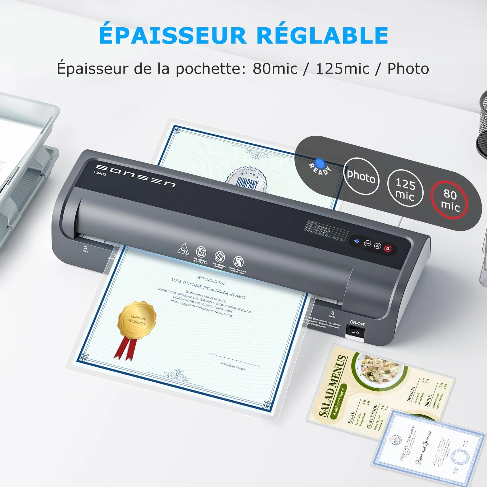 BONSEN Plastifieuse A3 Anti-Blocage 100 Pochettes Incluses Température NTC Précise Plastification Rapide