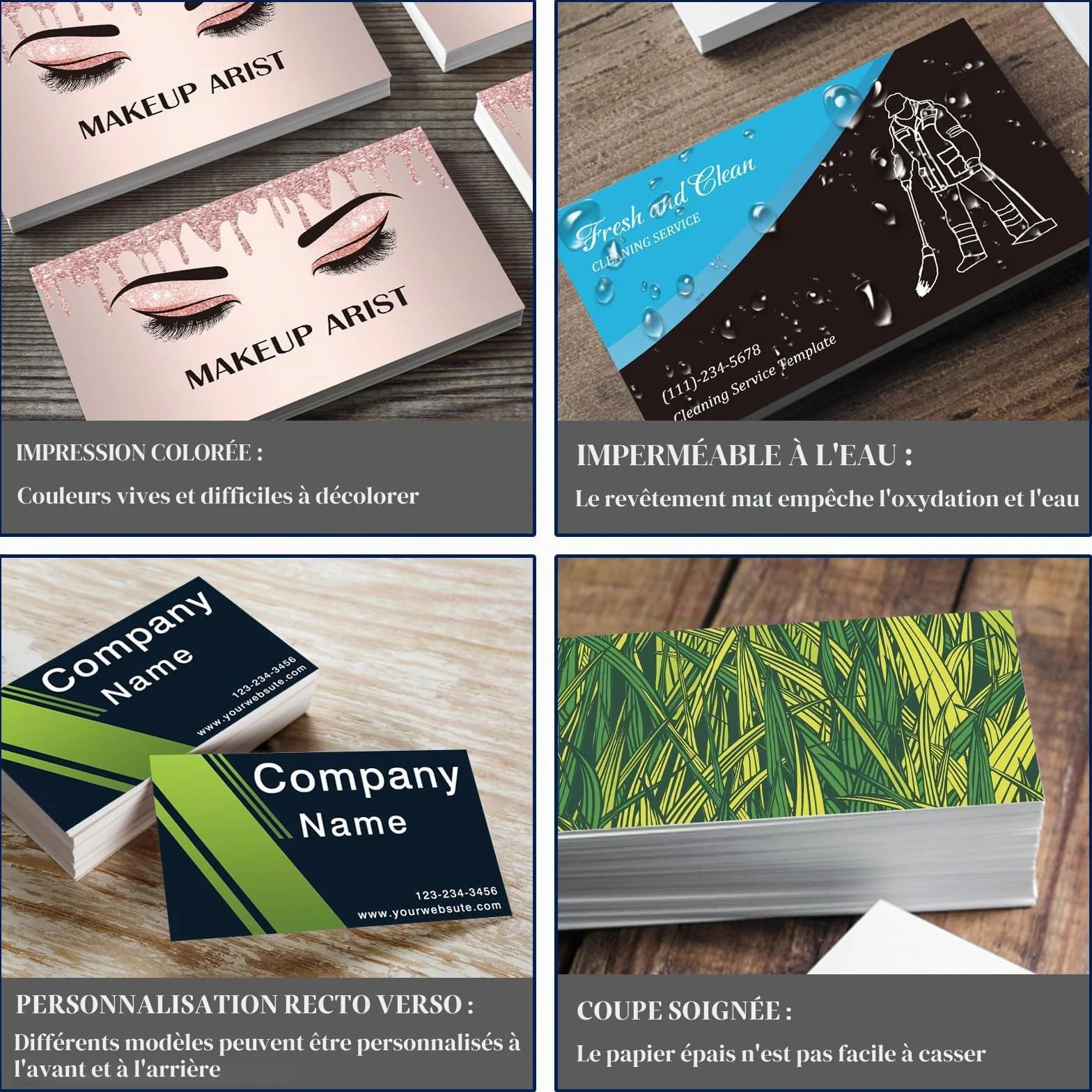 Cartes de visite personnalisées double face imperméables 8,9 x 5,1 cm marbré pailleté lot de 100