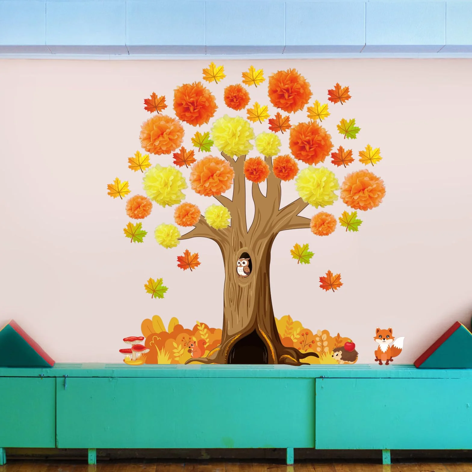 Décoration Murale d'Automne Motif Arbre Feuilles d'Erable pour Fenêtre Tableau Noir Salle de Classe