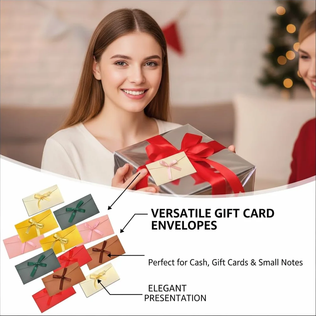 Enveloppes décoratives avec nœud en ruban, lot de 12, 22 x 11 cm, 6 couleurs