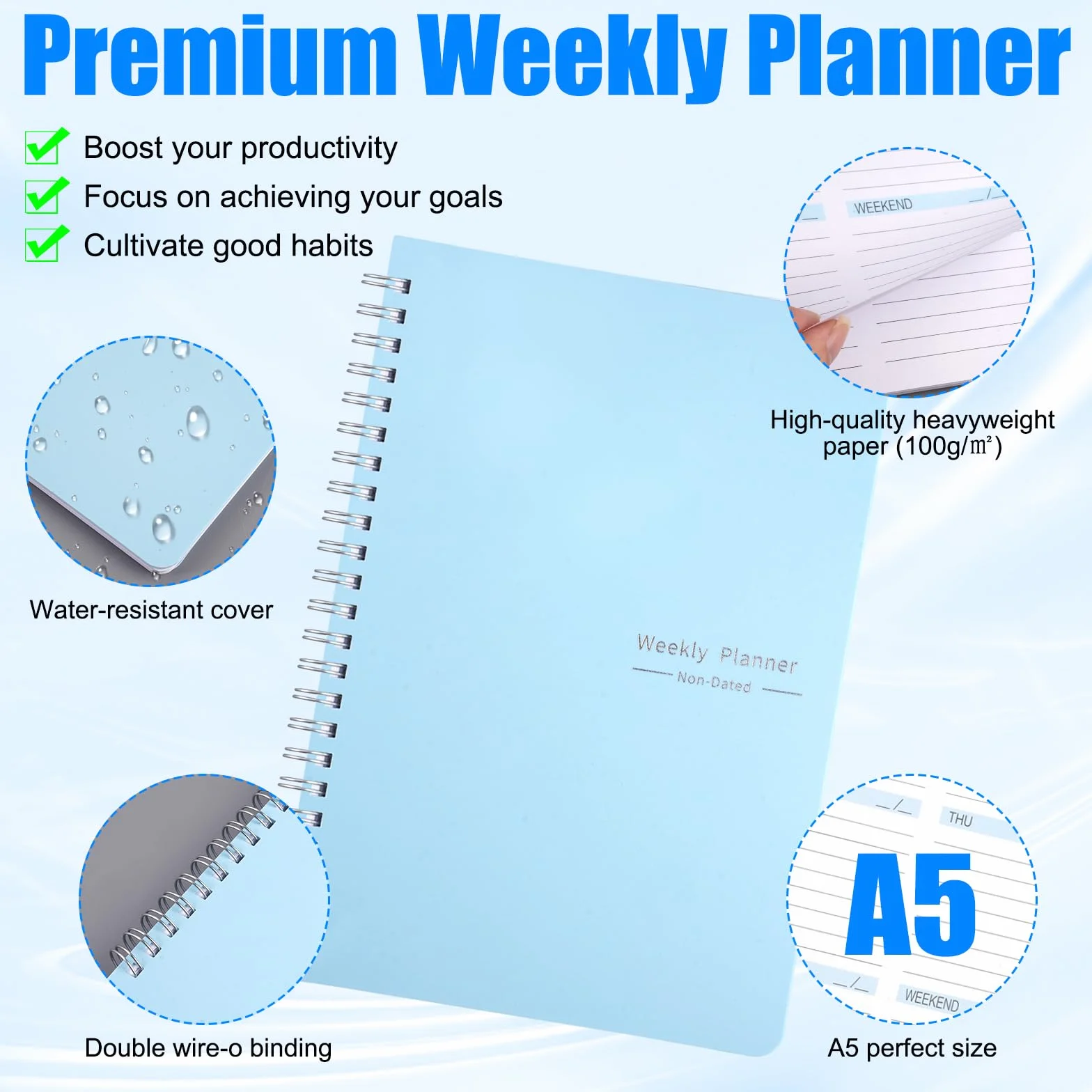 Agenda Hebdomadaire Non Daté 20,8x14,2 cm Semainier 2026 Spirale A5 Weekly Planner Couverture Imperméable Papier 100g/m² Bleu