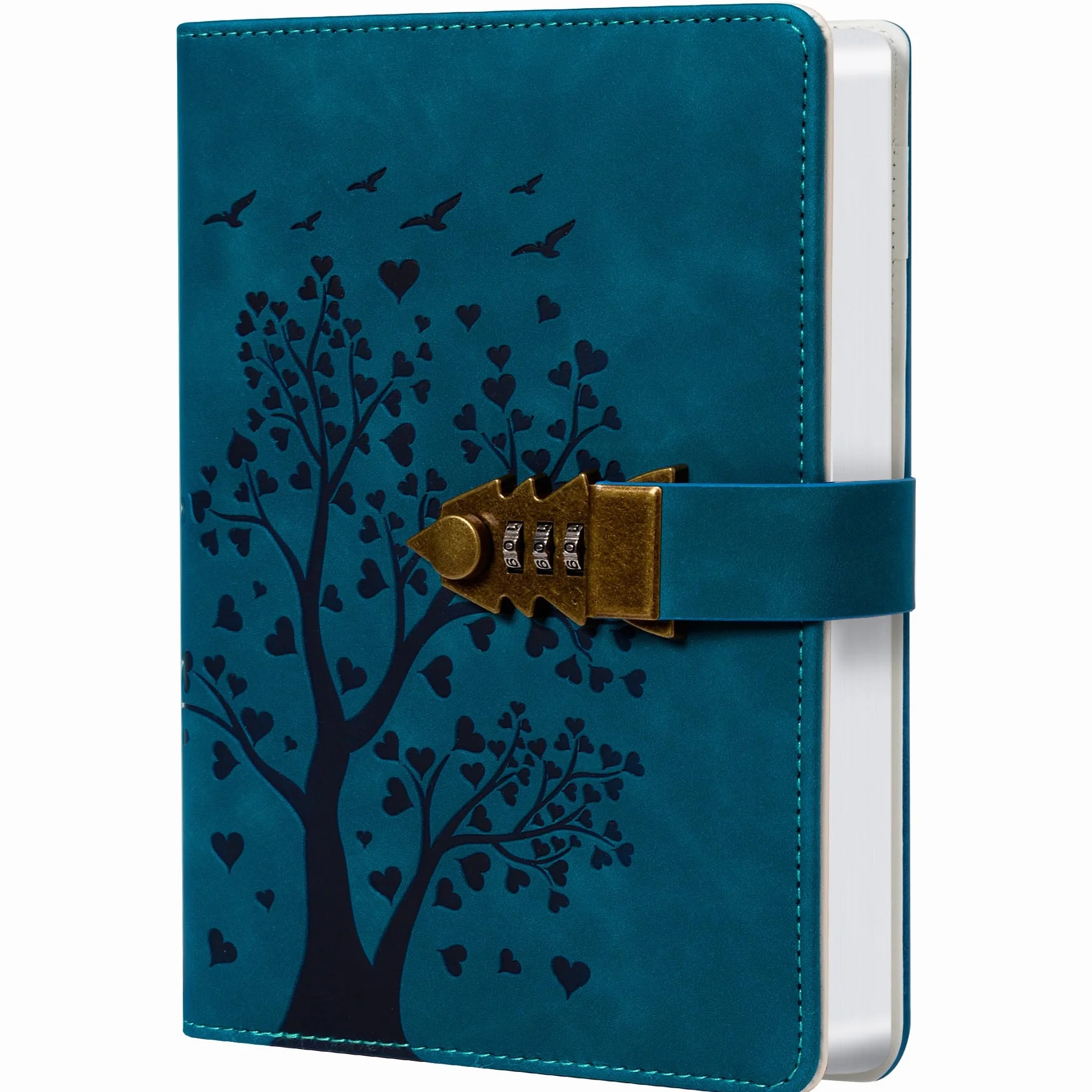 Carnet cuir PU A5 244 pages serrure combinaison motif arbre cœur bleu paon