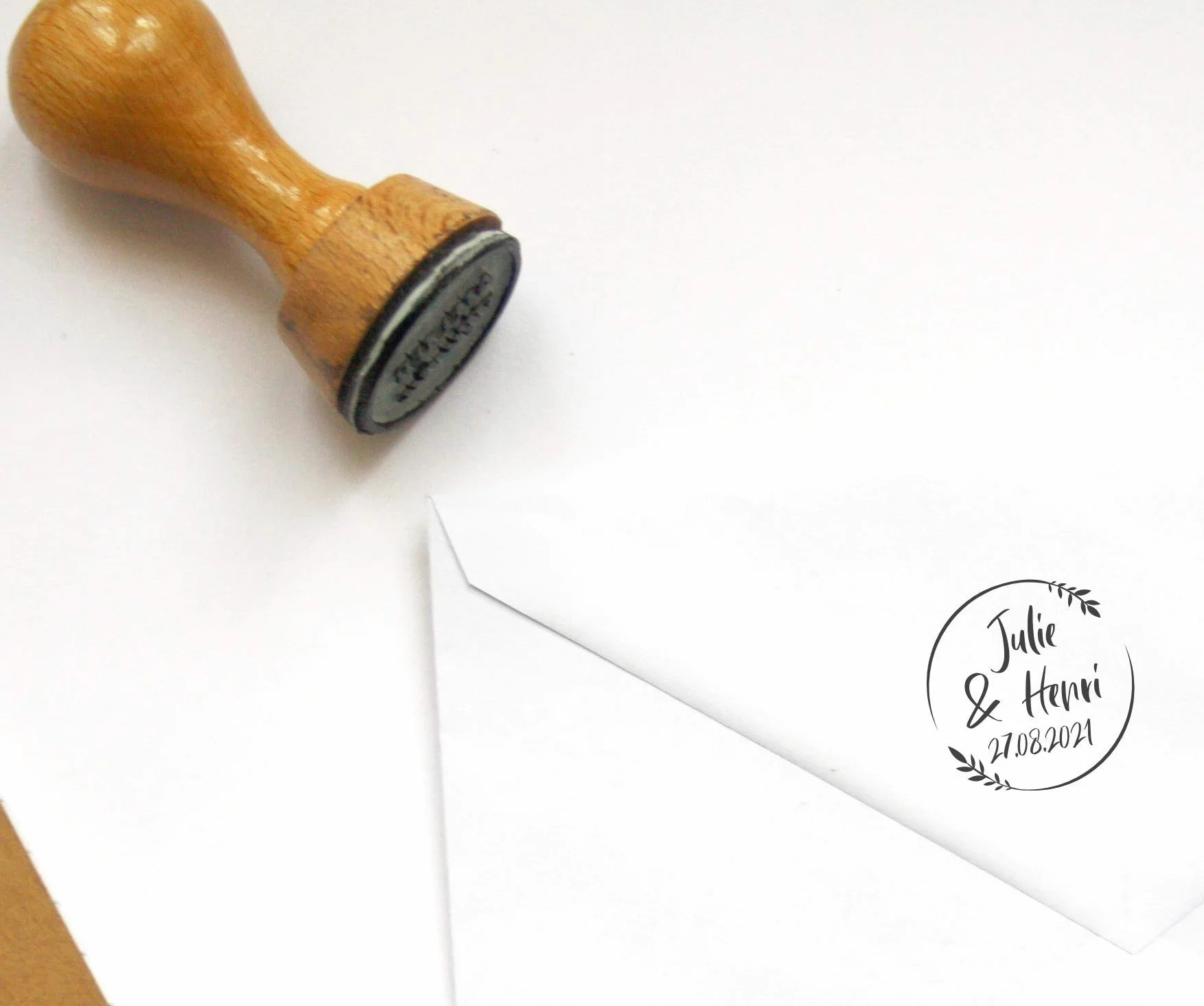 Tampon mariage personnalisable champêtre avec feuillage, fabrication française