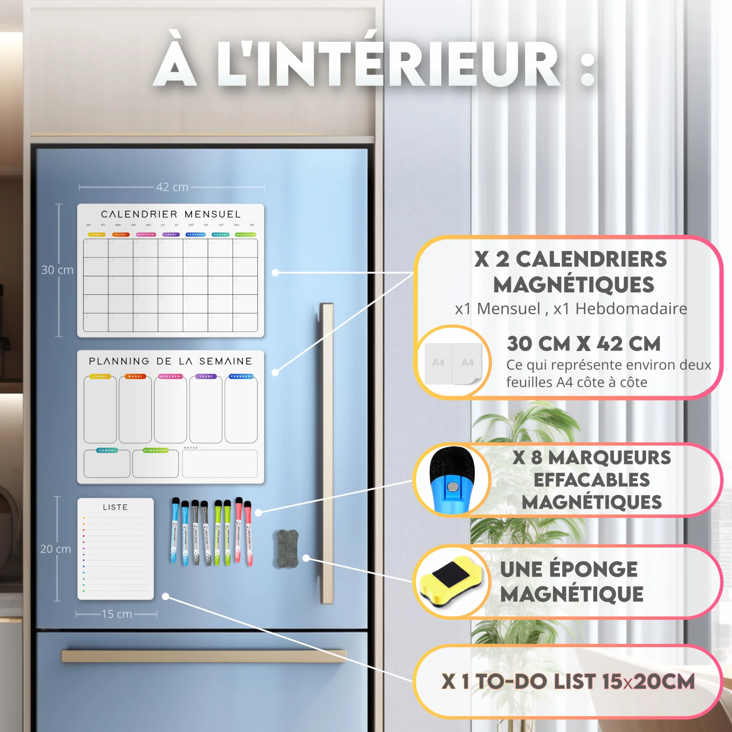 Calendrier Magnétique Frigo Blanc x3 Planificateur Hebdomadaire Mensuel Mémo Aimanté Planning Semaine Tableau Magnétique Organisateur Familial