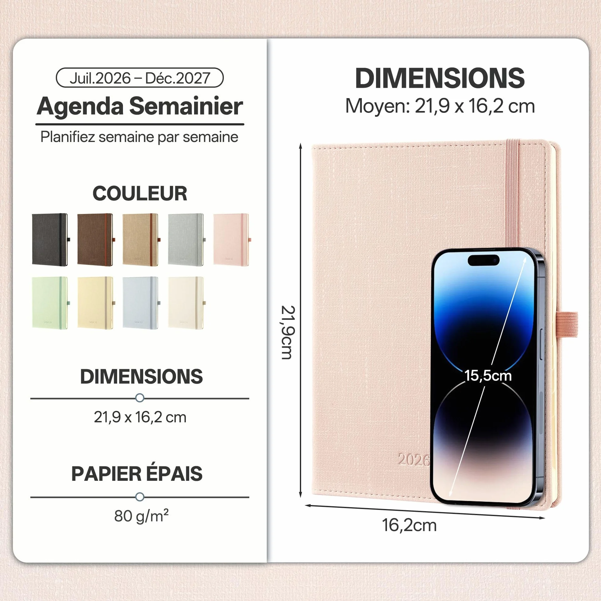 Agenda Semainier de Luxe 2026-2027 A5 Cuir PU Rose Clair 18 Mois