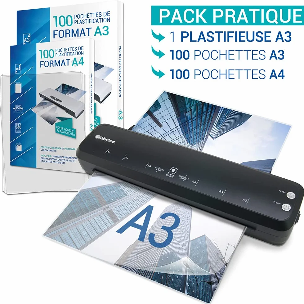 Plastifieuse A3 A4 Pro Rapide à Chaud et à Froid 2x125 microns Bureau Maison Pack 200 Pochettes