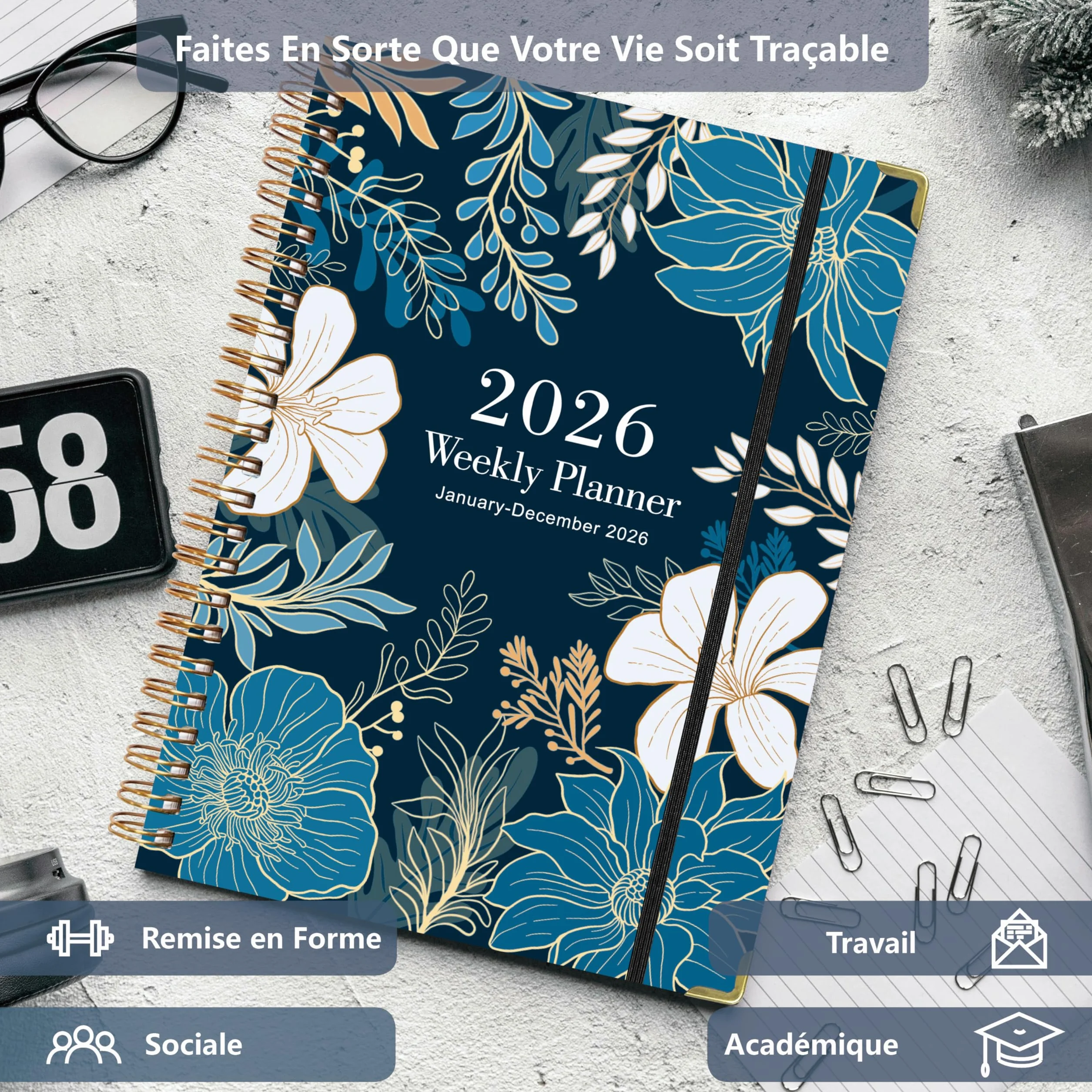 NEYSA Agenda 2026 Semainier Spirale A5 Janvier à Décembre 12 Mois avec Boucle de Stylo, Règle Signet & Autocollants de Plan Bleu et Blanc