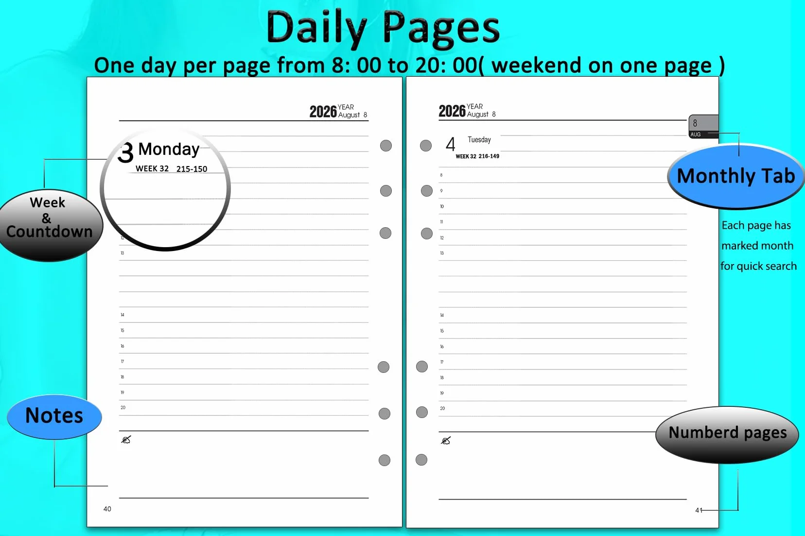 Recharge Agenda Journalier 2026-2027 A5 6 Trous une Page par Jour 8h-20h Onglets Mensuel Pages Notes Contacts Planificateur Quotidien Août 2026 à Juillet 2027