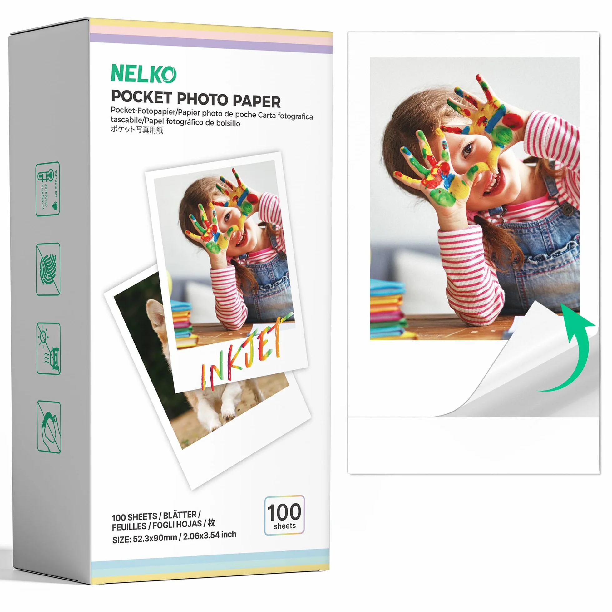Papier Photo Premium Nelko 52.3x90mm 100 Feuilles Autocollantes pour Imprimante PP01 Blanc