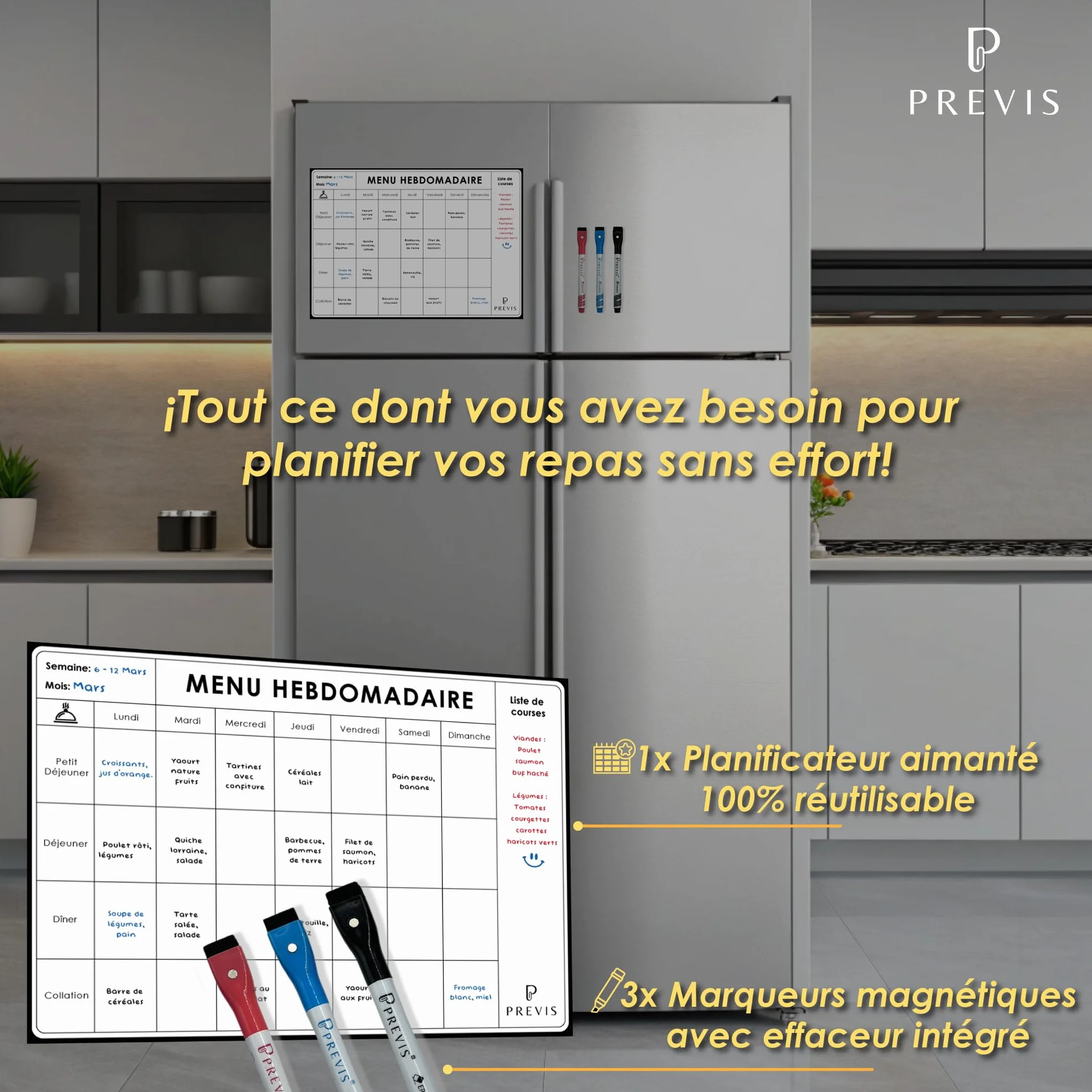 PREVIS Planificateur de Menus A4 21x29cm avec 3 Marqueurs Magnétiques - Tableau Magnétique Frigo Semaine