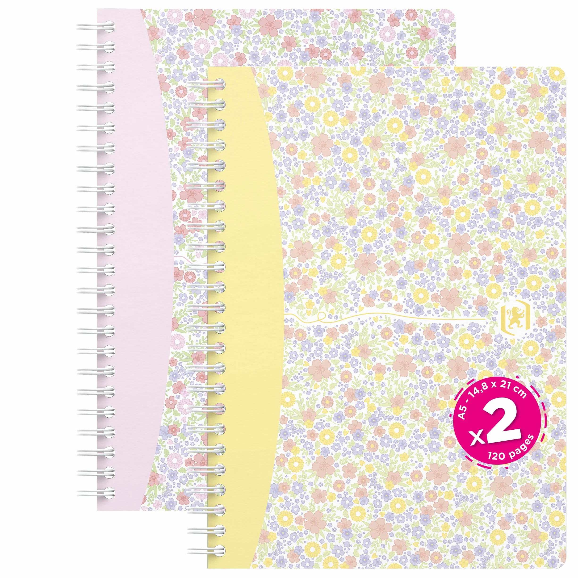 Cahier Spirales A5 Petits Carreaux 120 Pages Oxford Floral Pastel Lot de 2