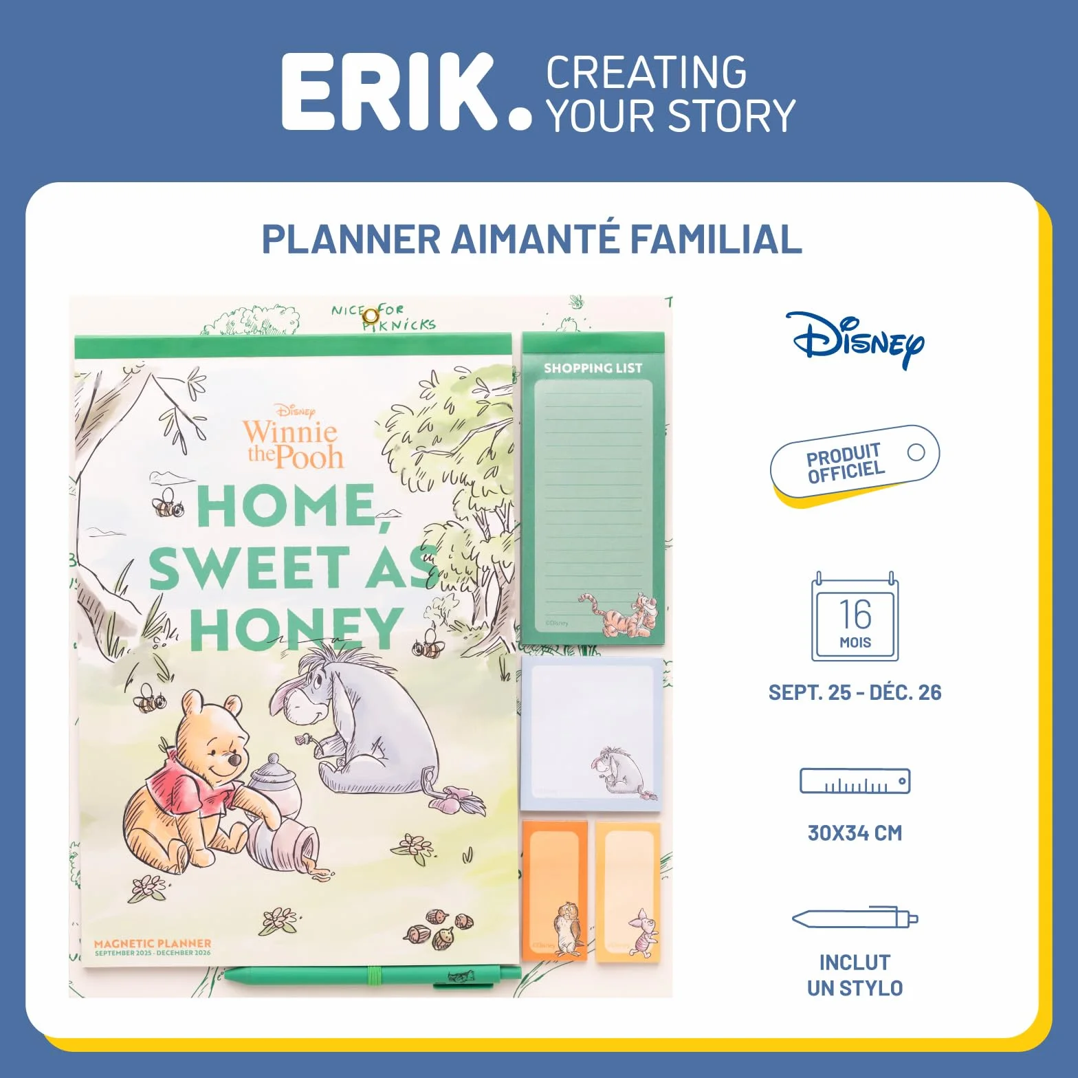 Grupo Erik Calendrier Magnétique Frigo Disney Winnie L'Ourson Septembre 2025 Décembre 2026 Planificateur Mensuel 16 mois Familial