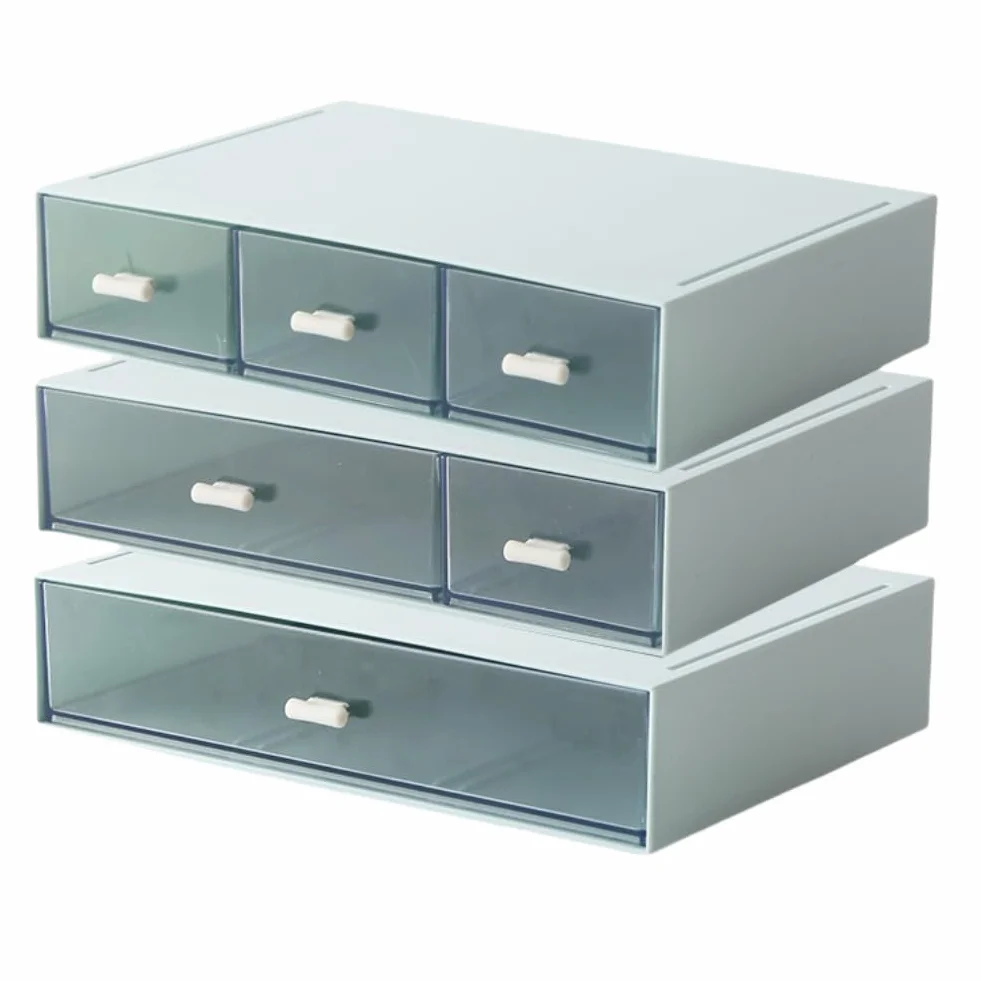 Organiseur de tiroirs de bureau 3 étages 6 tiroirs empilable plastique rangement papeterie cosmétiques Bleu