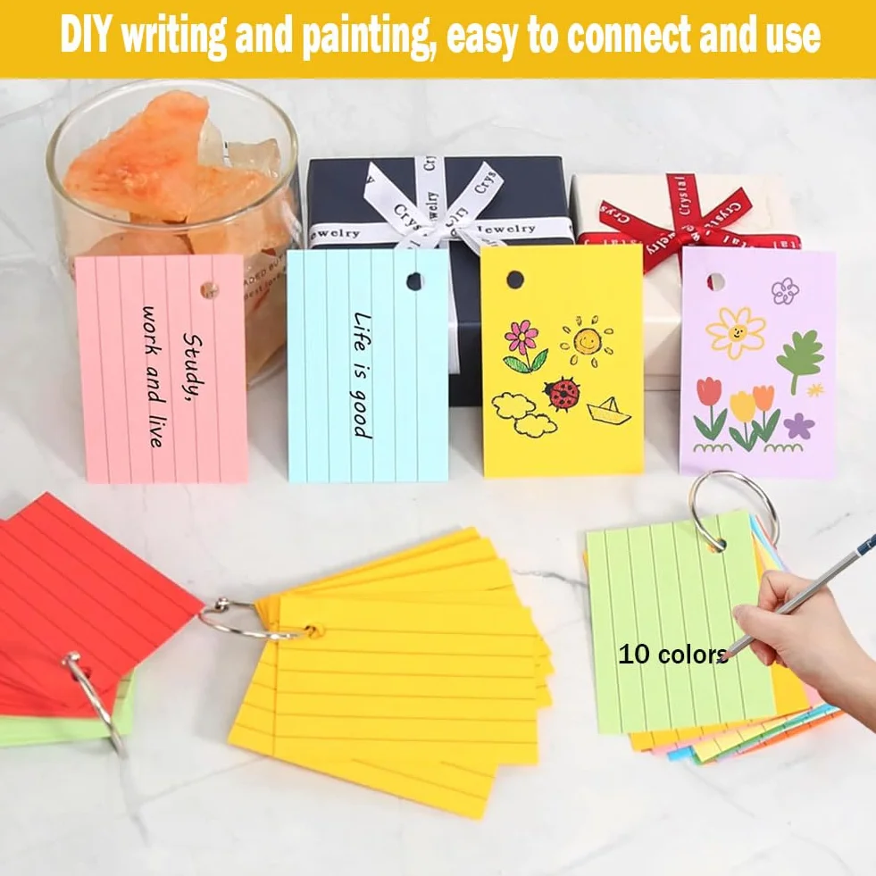1000 Flash Cards A8 Fiche de Revision Papier Lignées 150g/m² 10 Anneaux Reliure 10 Couleurs