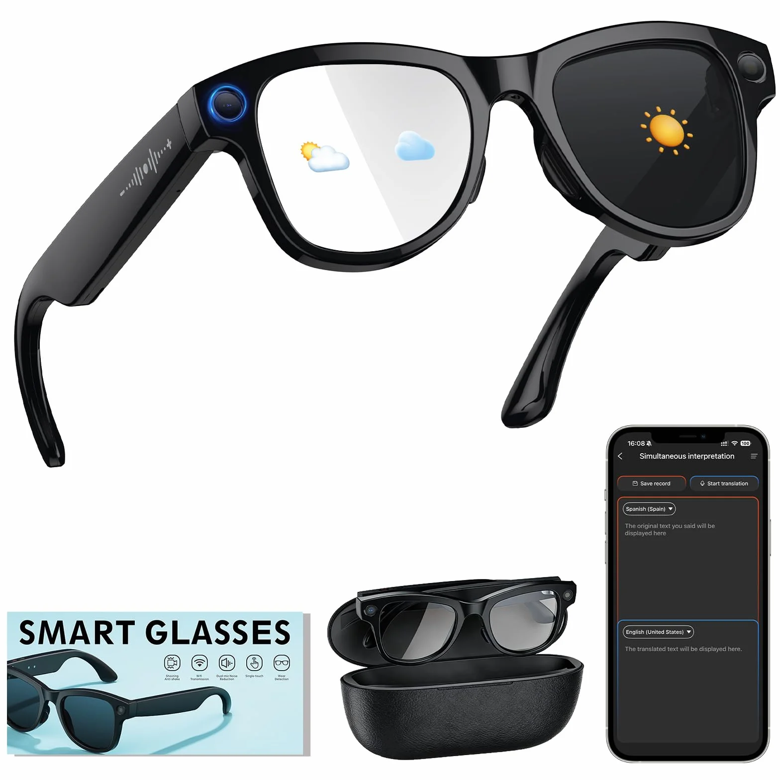 Lunettes Connectées 8MP 4K HD avec Traductrice IA, Verres Photochromiques, Bluetooth, Assistant Vocal