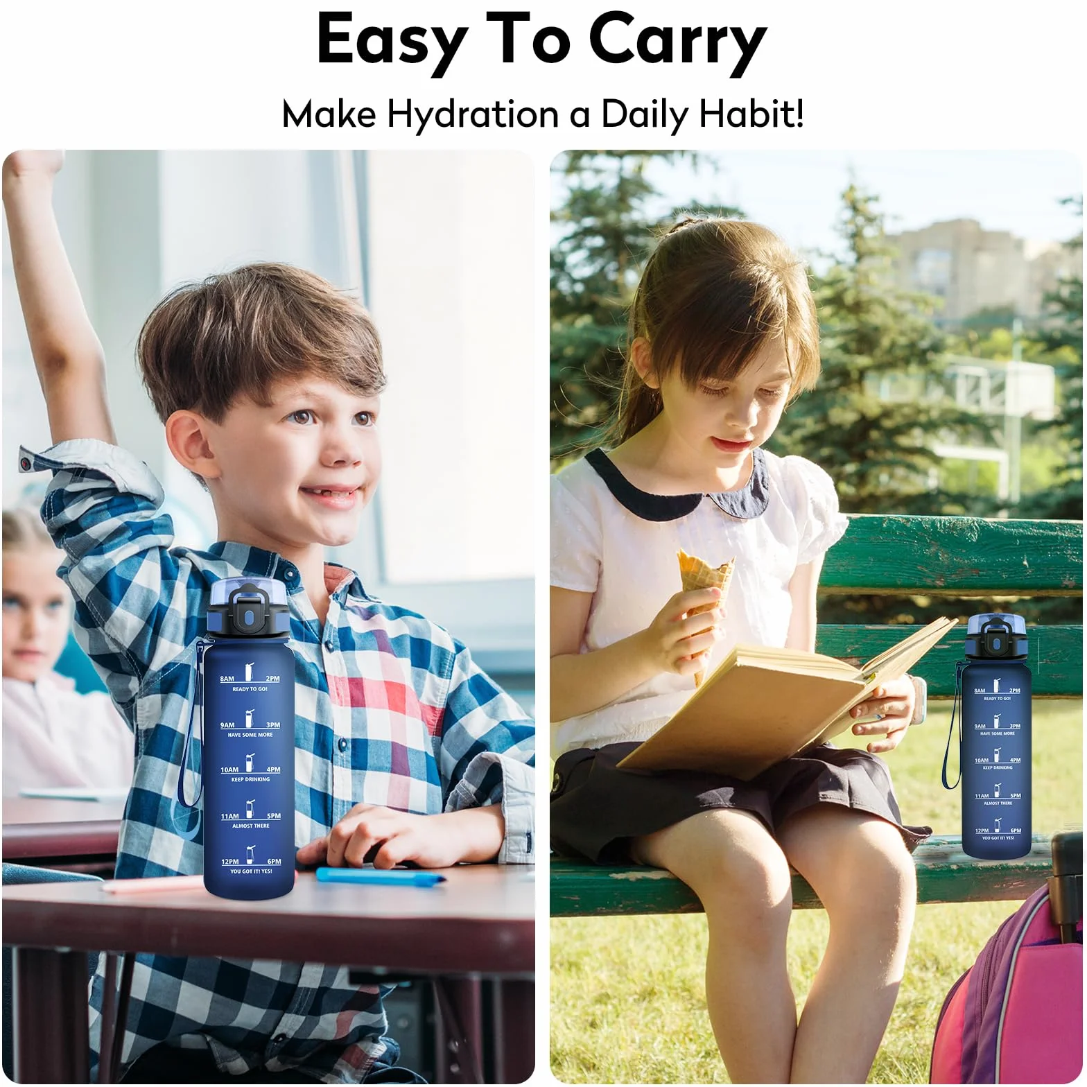KollyKolla Gourde Enfant 500ml avec Filtre sans BPA, Bouteille d'eau Étanche Sport avec Marqueur de Temps