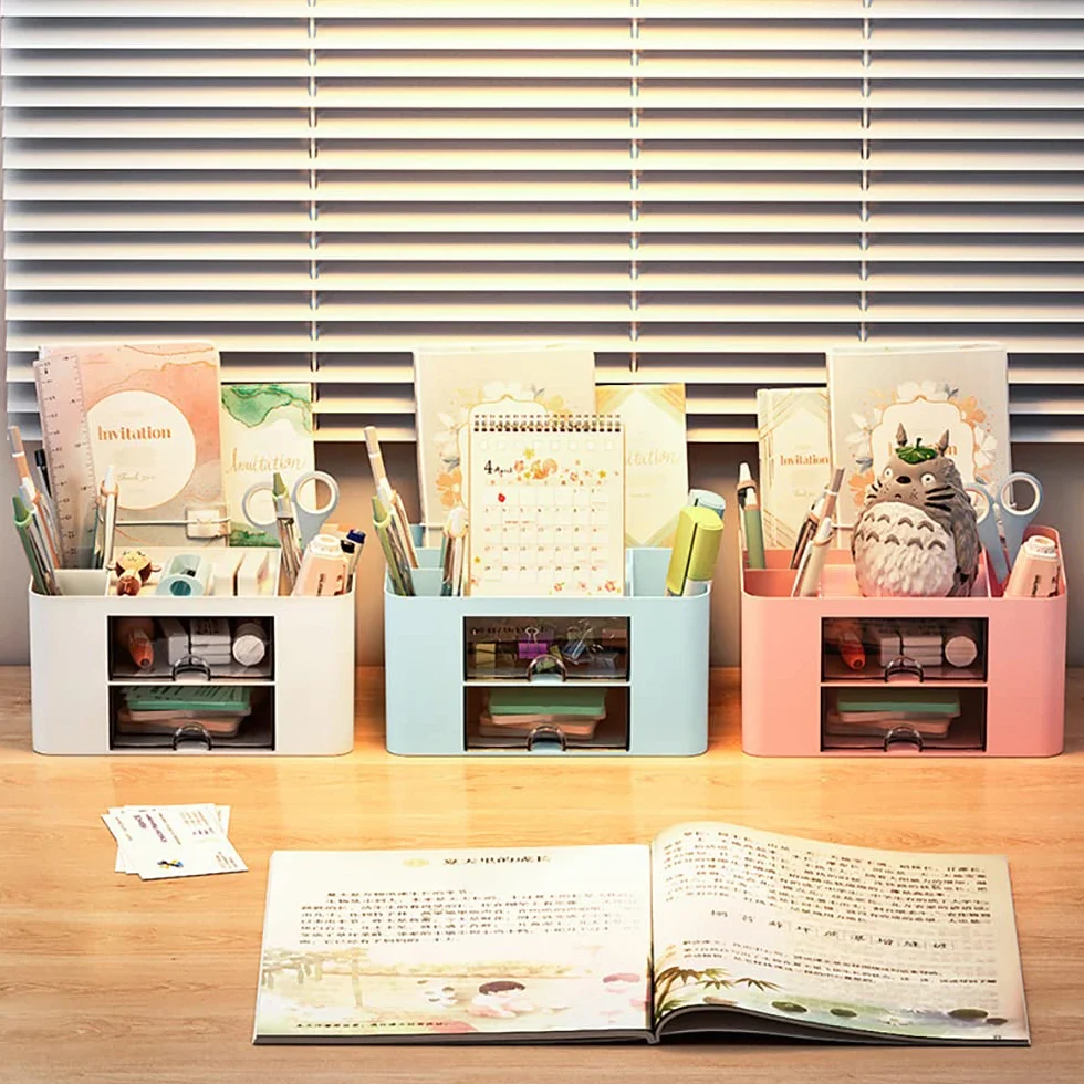Porte Stylo Bureau Organiser 7 Grilles Plastique avec Tiroir Multifonctionnel Rose