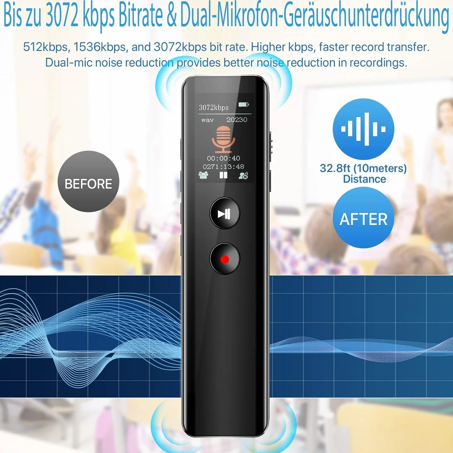 Enregistreur Vocal Numérique 128 Go Activation Vocale Enregistrement Une Touche 3072 Kbps