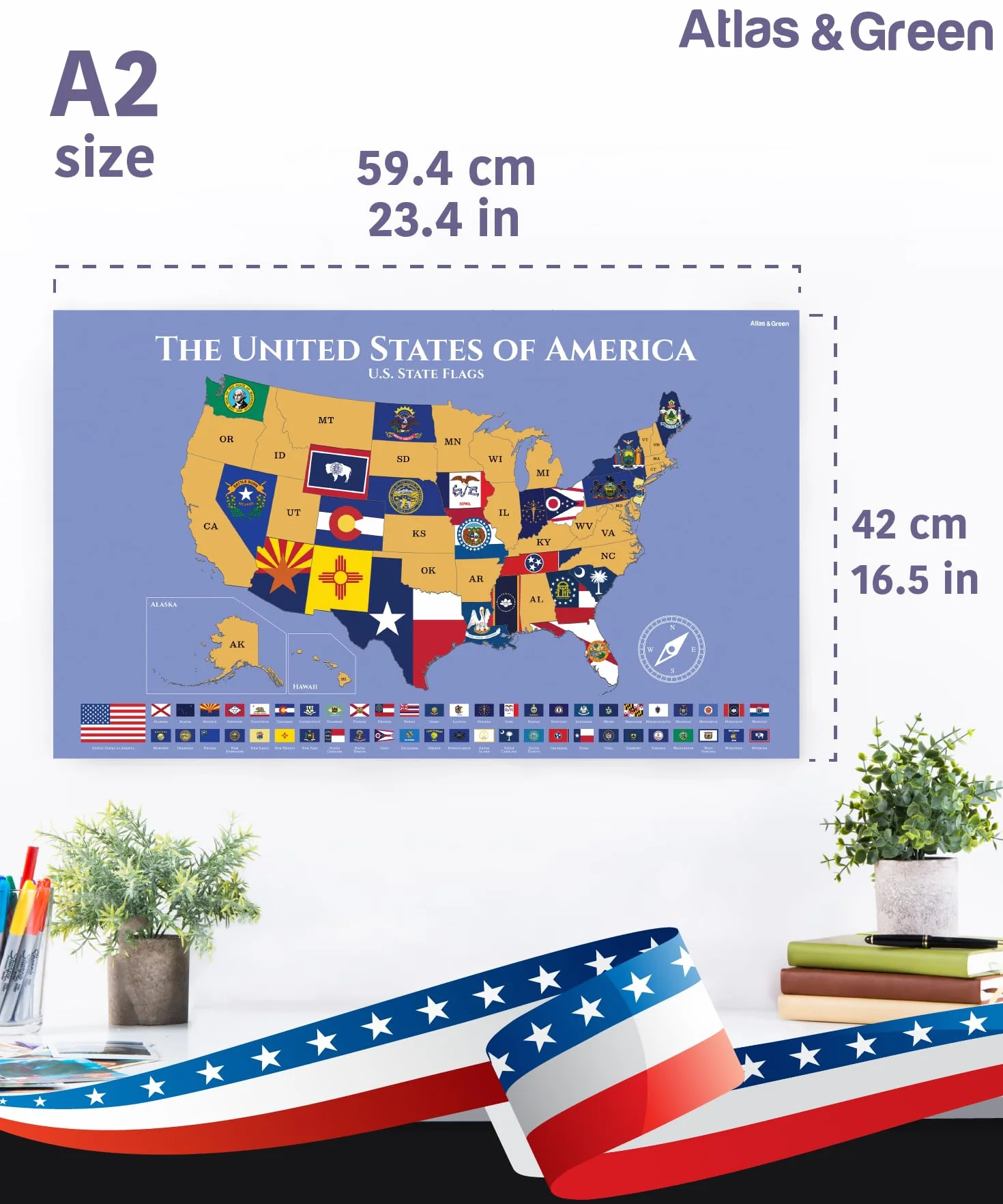 Atlas & Green Carte des États-Unis à gratter - Grande carte de voyage pour les États visités