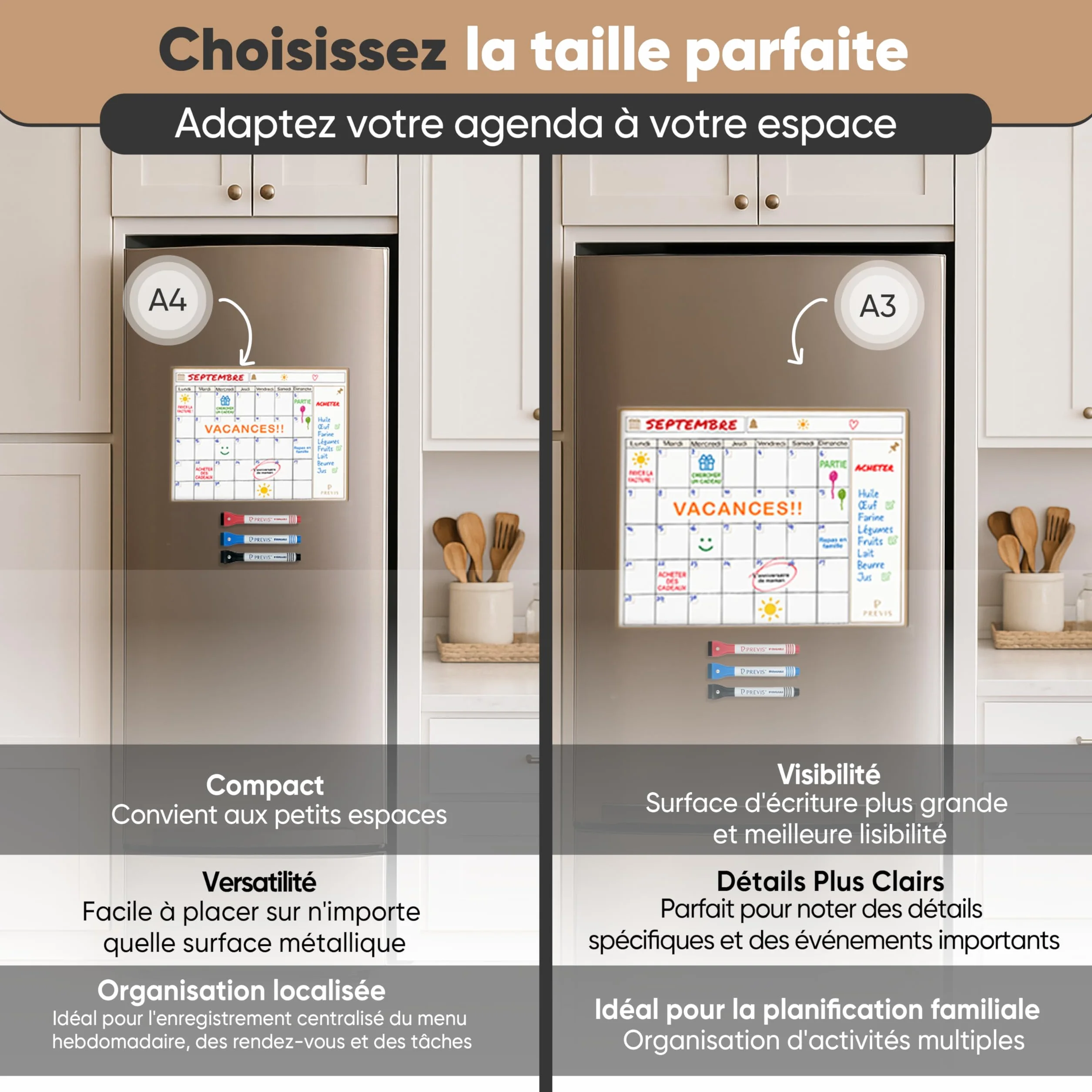Previs Calendrier Magnetique Frigo A4 (21x29cm) avec 3 Marqueurs Premium - Planning Magnetique Familial 2025 2026