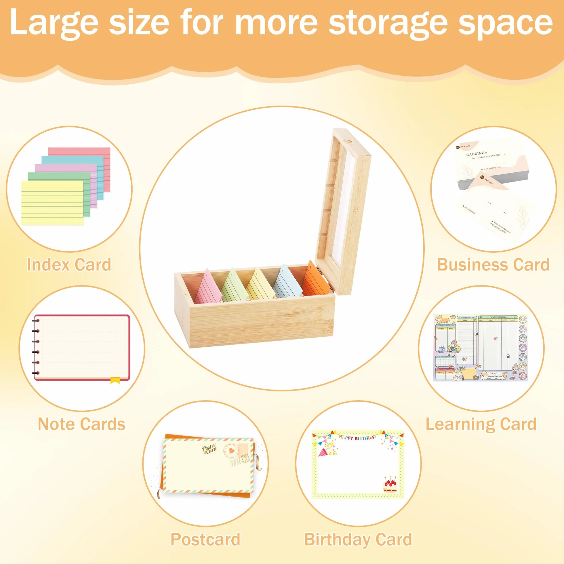 Boîte à Fiches en Bois avec Couvercle Transparent 5 Compartiments Ajustables 22x13x9 cm pour Fiches A7