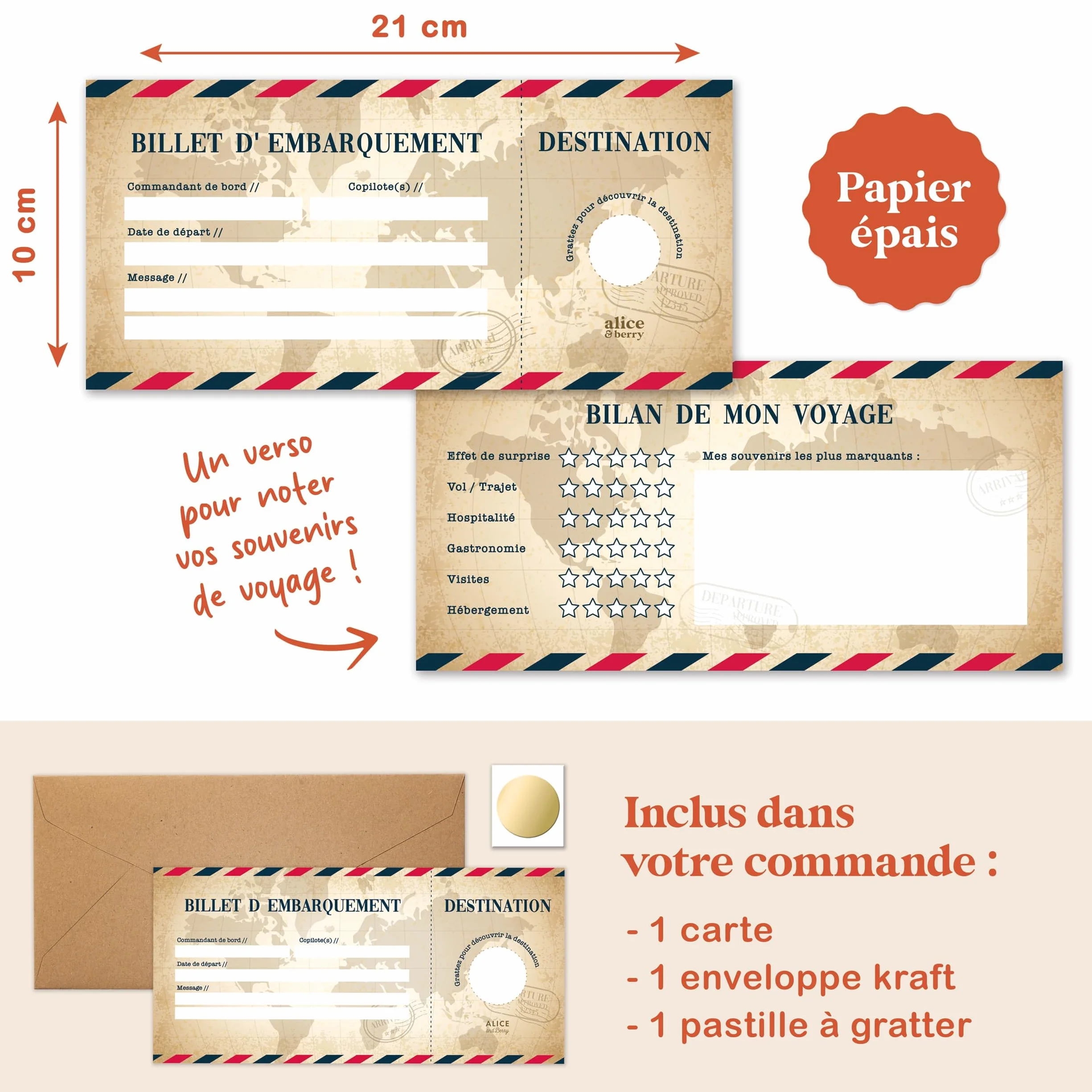Carte à gratter Voyage Surprise personnalisable Billet d'avion Road Trip Vintage