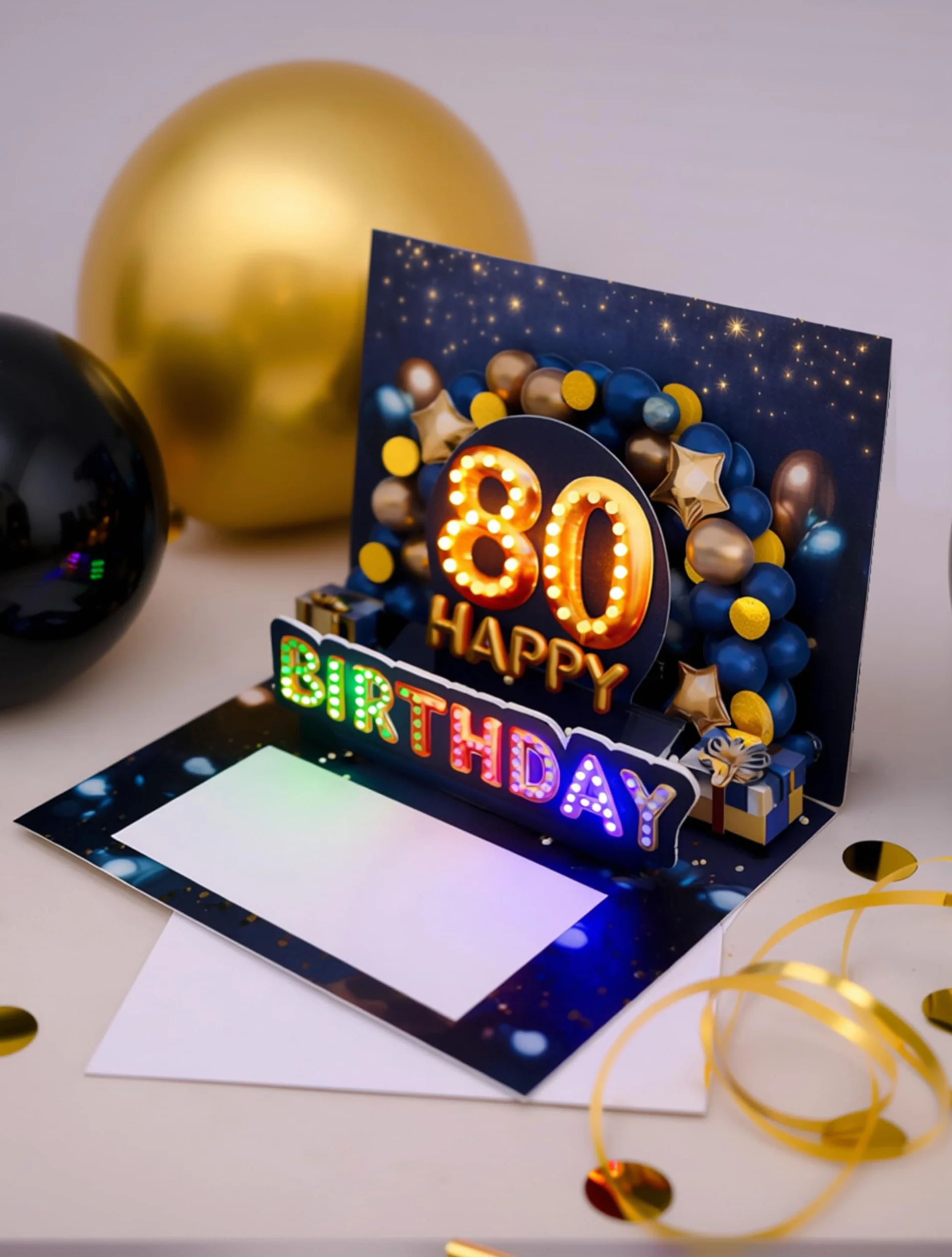 Carte anniversaire 80 ans avec musique et lumière – Carte pop up 3D pour homme, 20 x 15 cm, enveloppe et autocollant