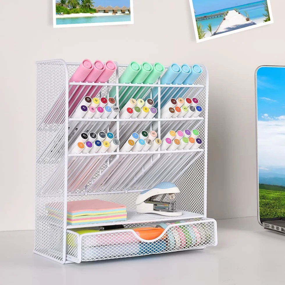 Pen Holder Desk Organizer with 10 Compartments and 1 Drawer White