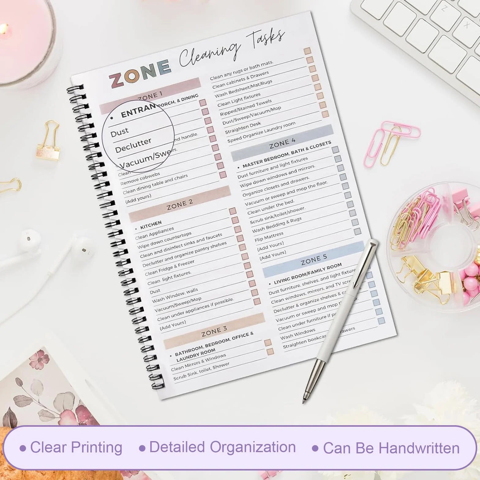 Planning de Ménage TDAH - Organisateur de Tâches Ménagères Quotidien Hebdomadaire Mensuel, Calendrier de Nettoyage à Spirale, 28,5x21cm, Blanc