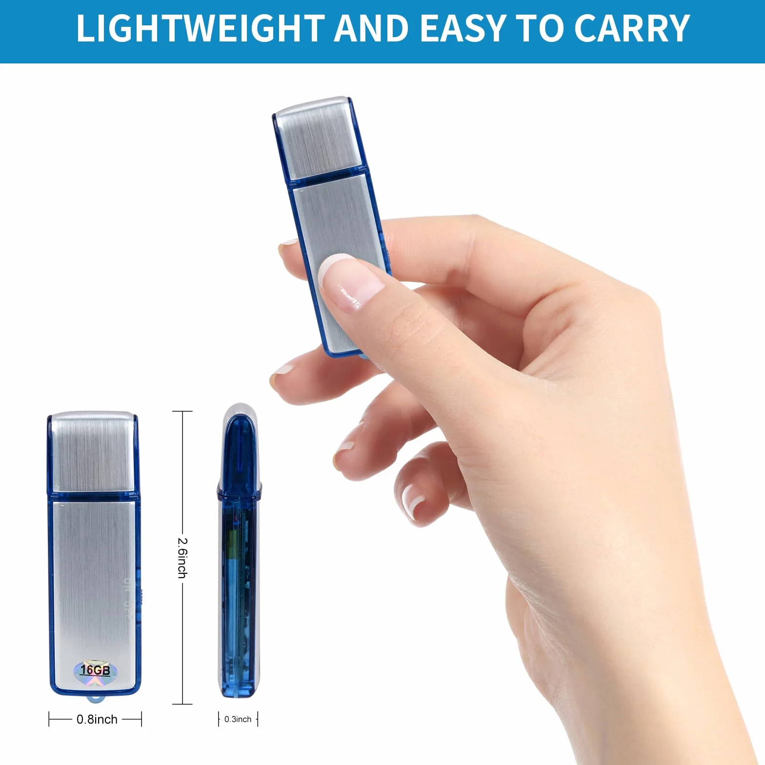 Podazz Mini enregistreur vocal numérique 16 Go 90 heures activation sonore rechargeable USB boîtier métal bleu