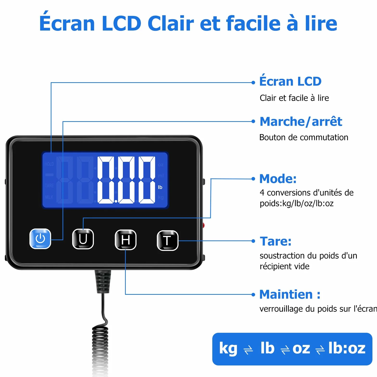 Balance Colis Numérique 200kg/10g avec Fonction Hold/Tare, Écran LCD Externe, Professionnelle