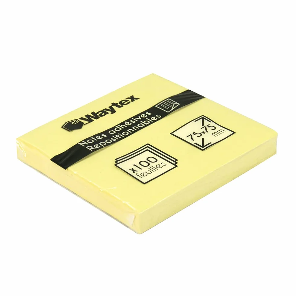 WAYTEX Notes autocollantes 100 feuilles jaunes 75 x 75 mm adhésives repositionnables