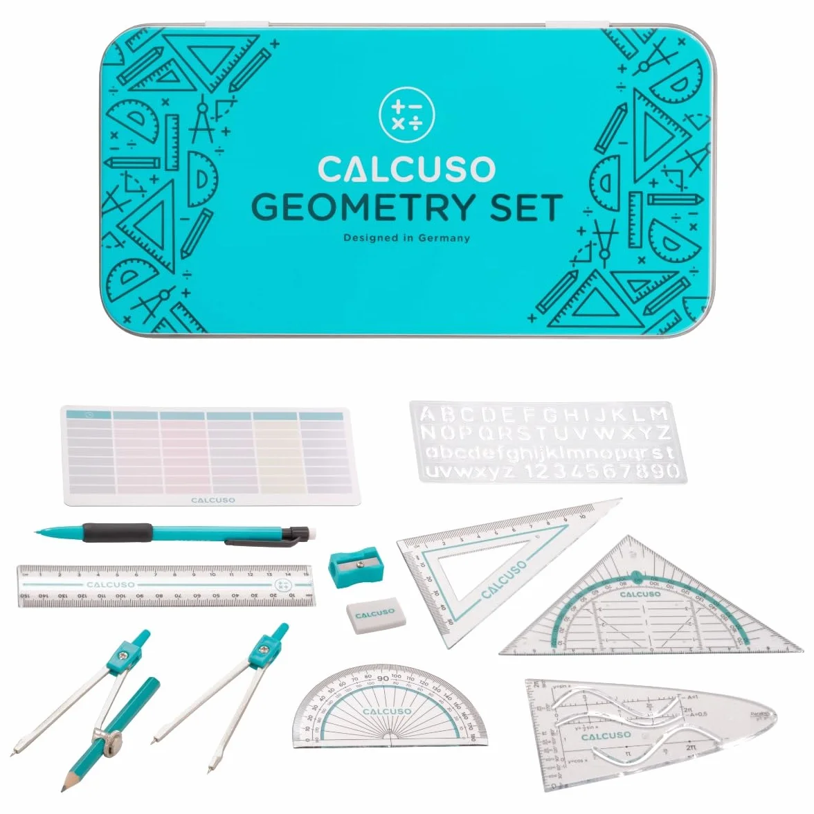 CALCUSO Ensemble de Géométrie 13 Pièces Compas Équerre Boîte Métallique