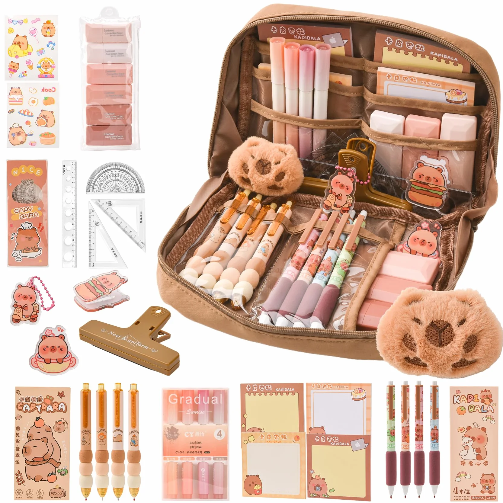 Kit de Fournitures Scolaires Capybara avec Trousse – Set Cadeau pour Enfants, Stylos, Règles